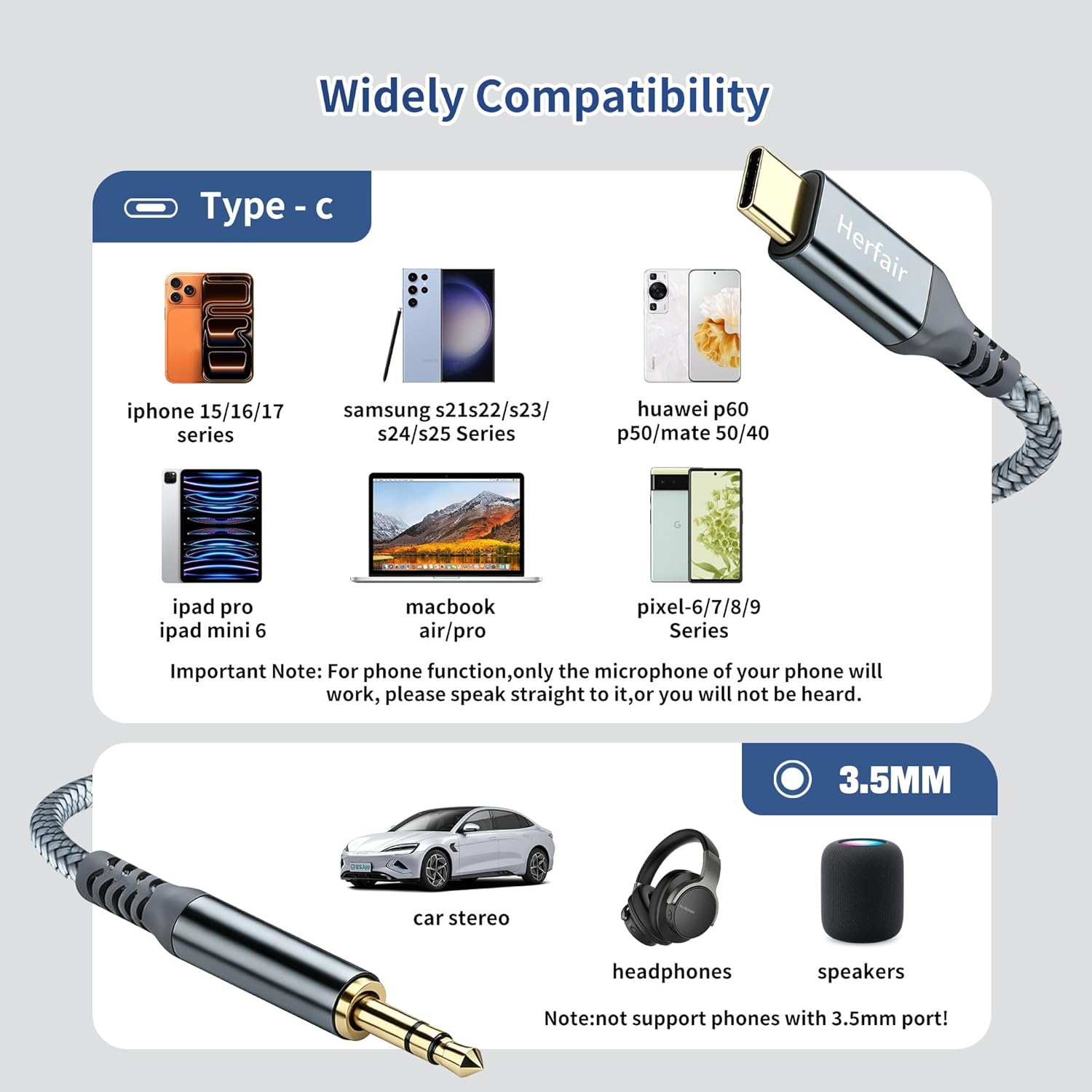 USB-C to 3.5mm AUX Audio Cable 1.2M for Car Stereo & Headphones