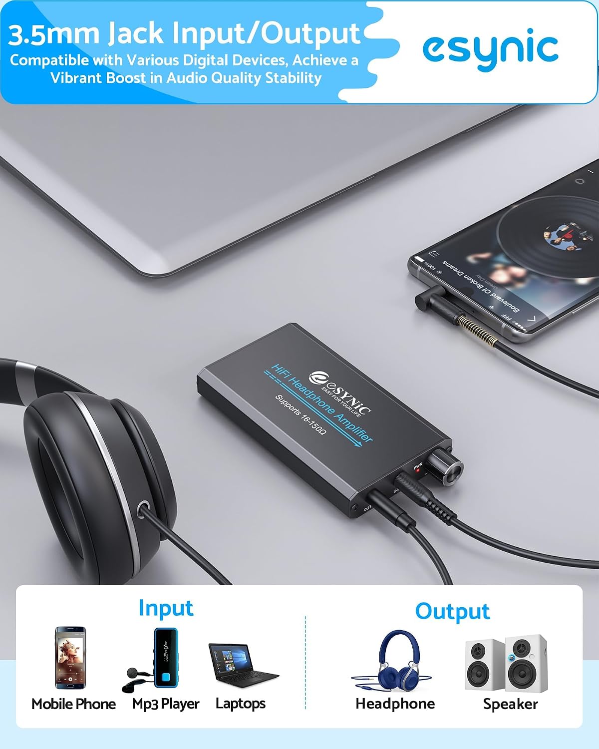 eSynic Portable Rechargeable HiFi Headphone Amplifier 3.5mm