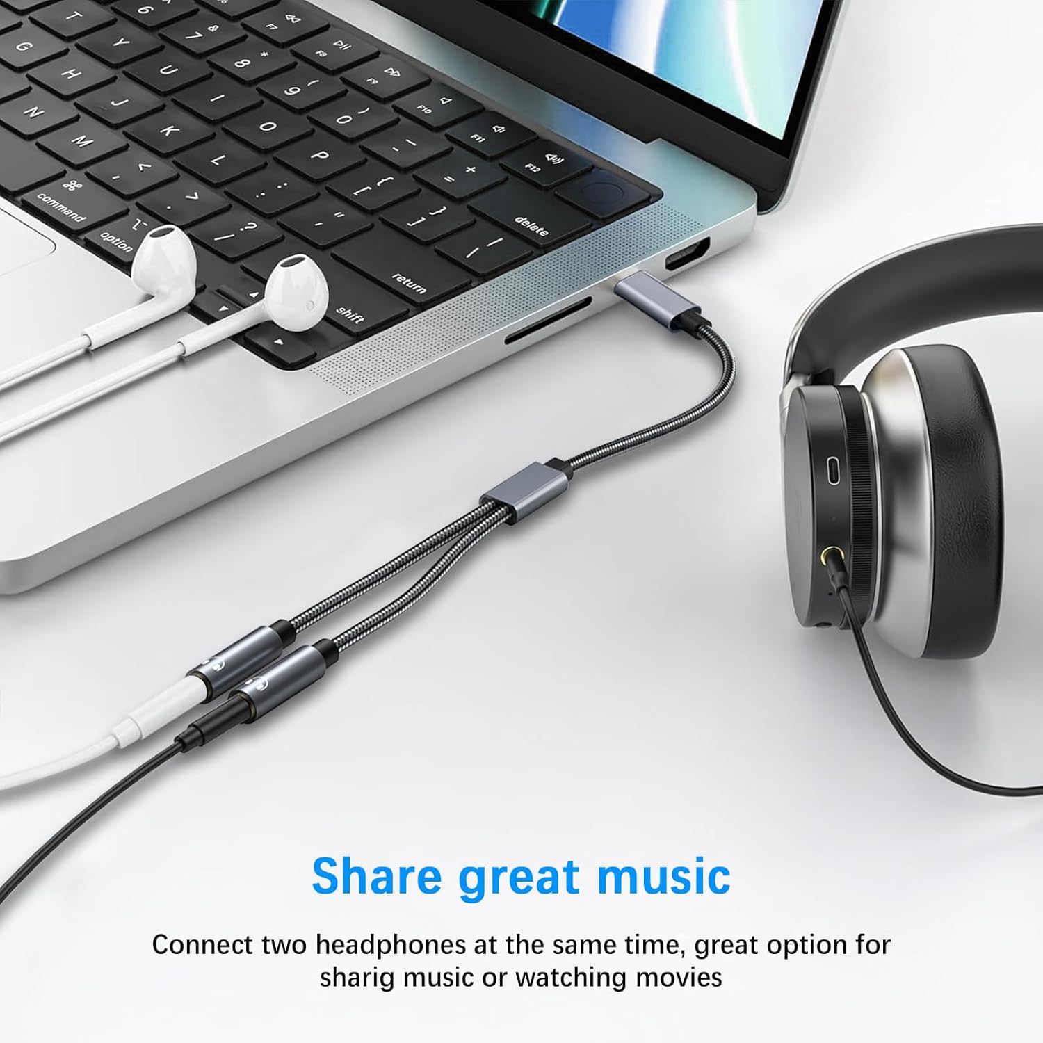 USB-C to 3.5mm Aux Audio Splitter 2-in-1 Adapter for iPhone 16 15 Galaxy Pixel