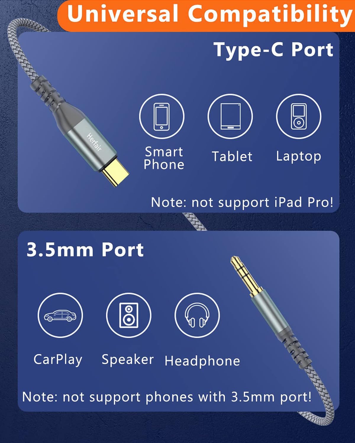 Premium USB-C to 3.5mm AUX Audio Cable 1.2M for Car Stereo, Headphones, Speakers & Smartphones Compatible with Galaxy, iPad & Huawei
