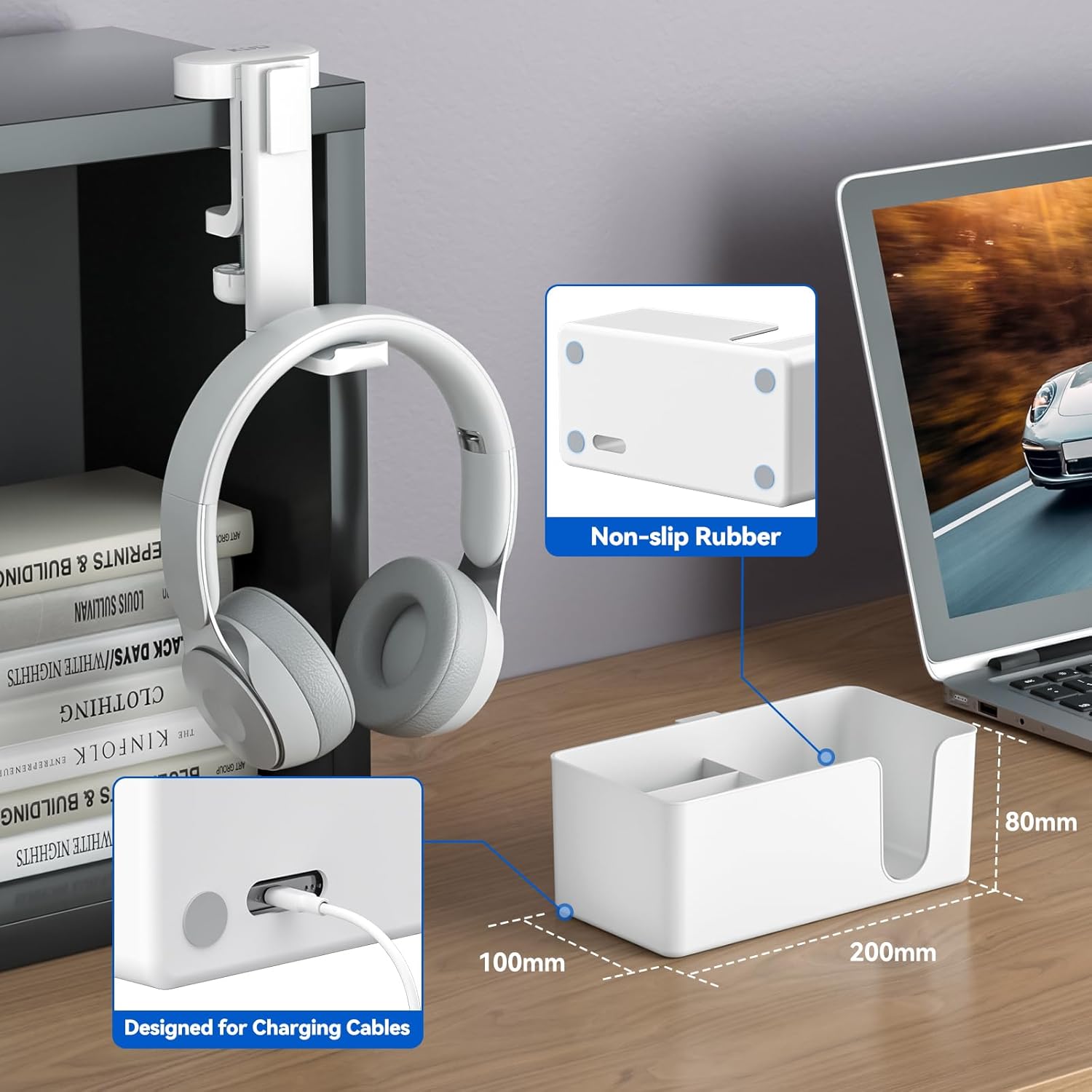 KDD 4-in-1 Desk Organizer Cup Holder Headphone Hanger White