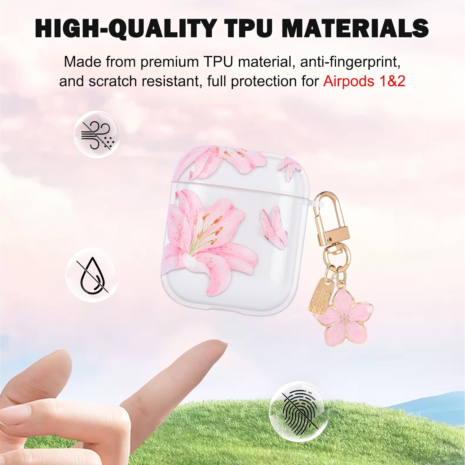 Transparent AirPods 1/2 Case with Flower Pendant, Pink Lily TPU Cover
