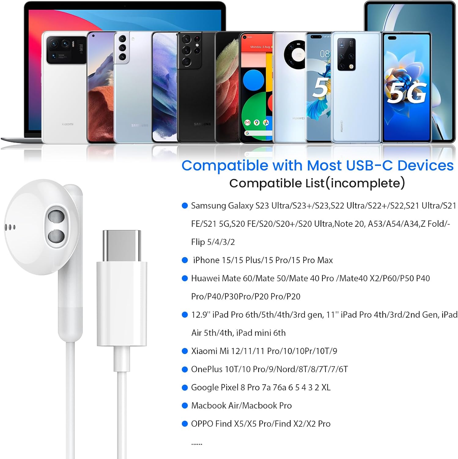 USB-C Earbuds with Mic & Volume Control for iPhone & Samsung