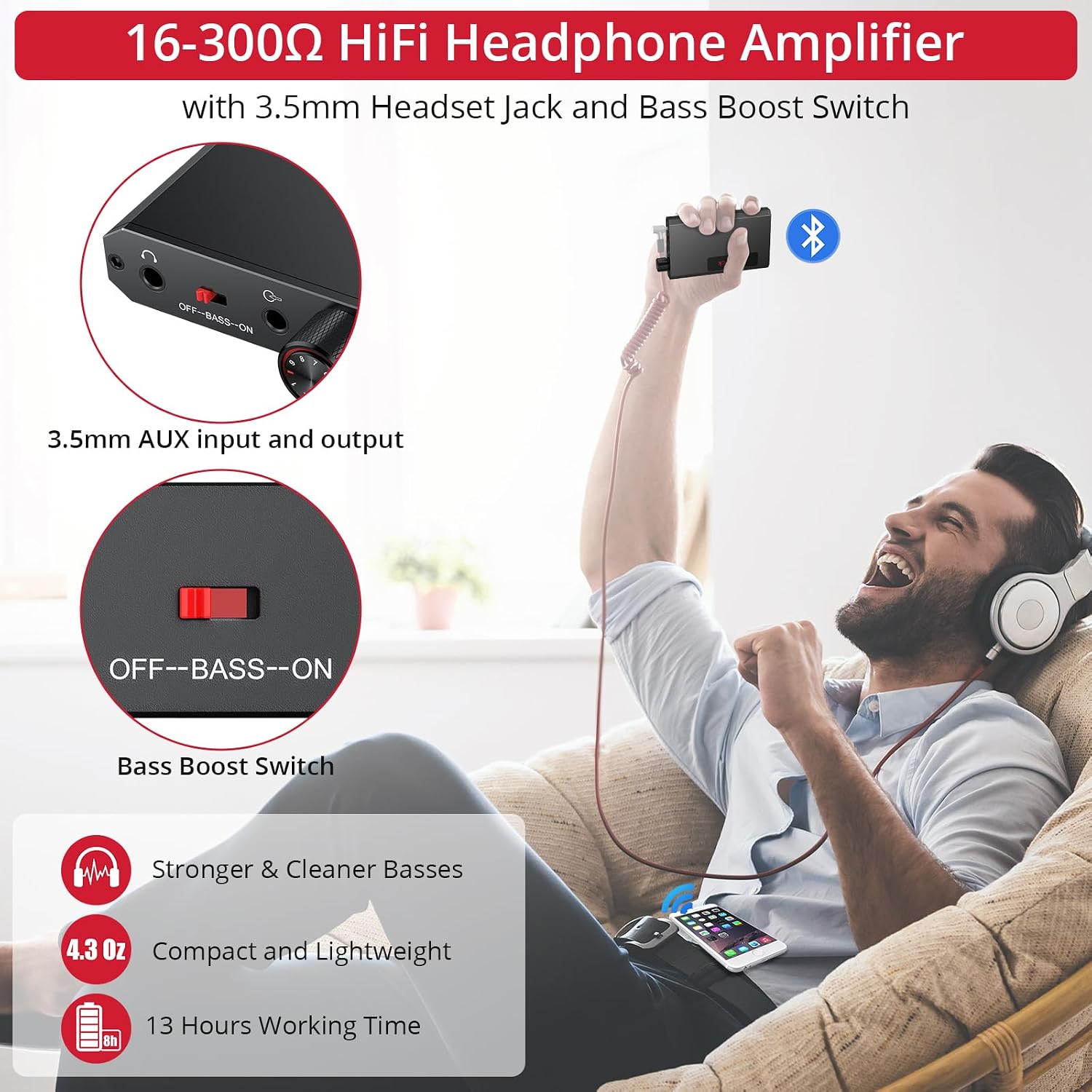 Neoteck Portable Headphone Amp Bluetooth 5.1 Bass Boost 16-300Ω