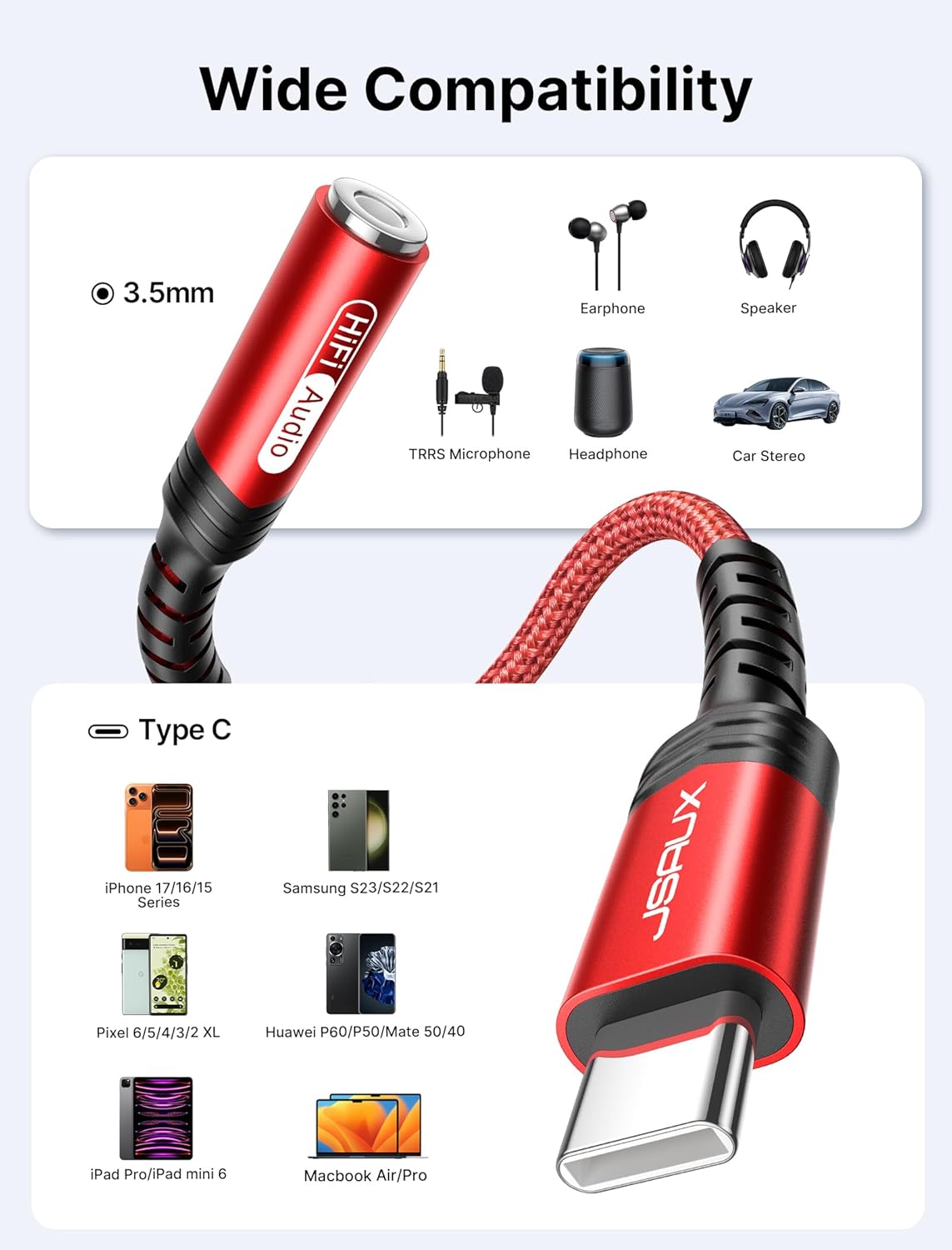 Type C to 3.5mm Headphone Jack Adapter for Phones & Tablets