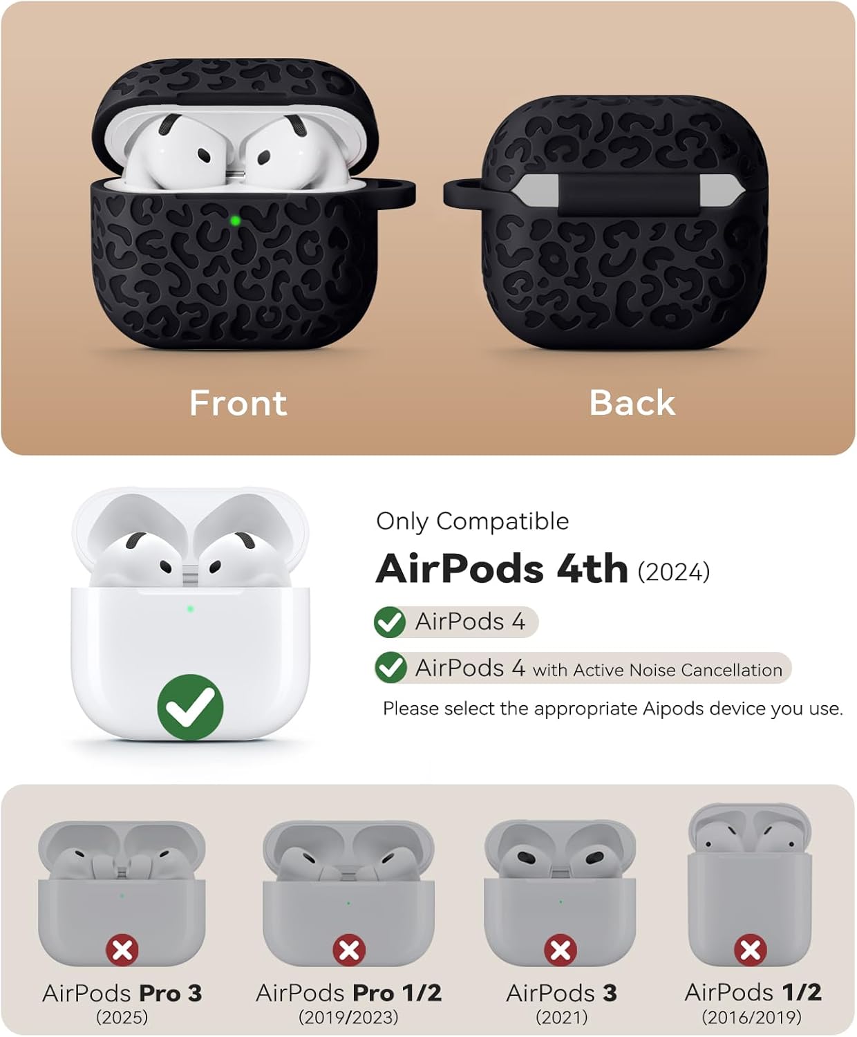 AirPods 4 Case 2024 Leopard Silicone Cover with Keychain & Cleaner