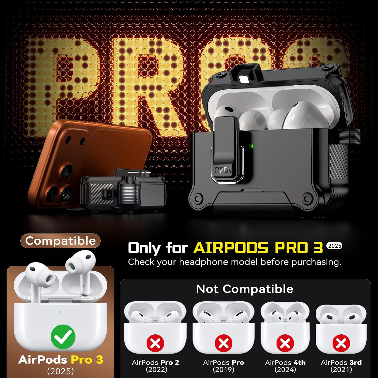 Inesore AirPods Pro 3 Dual-Lock Case with Stand & Carabiner Black