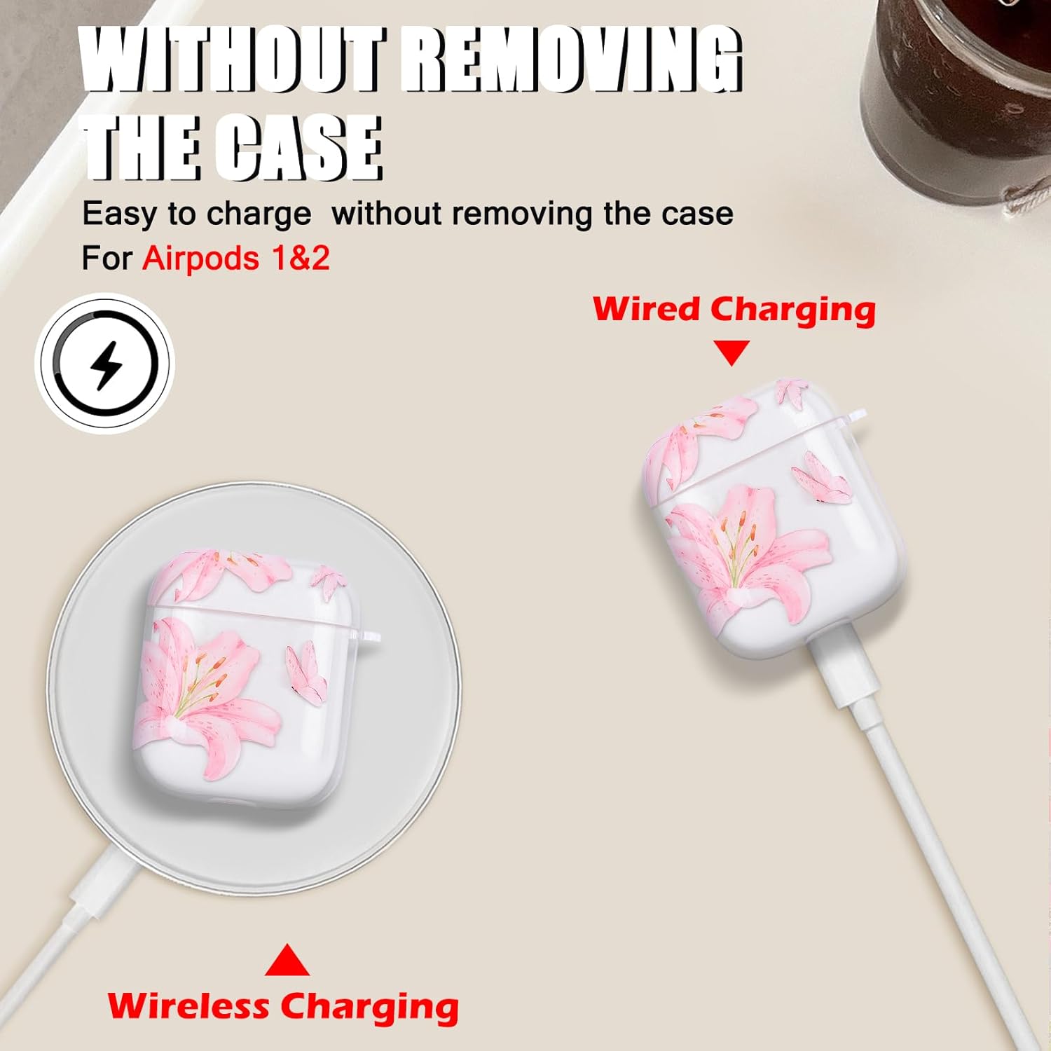 Transparent AirPods 1/2 Case with Flower Pendant, Pink Lily TPU Cover