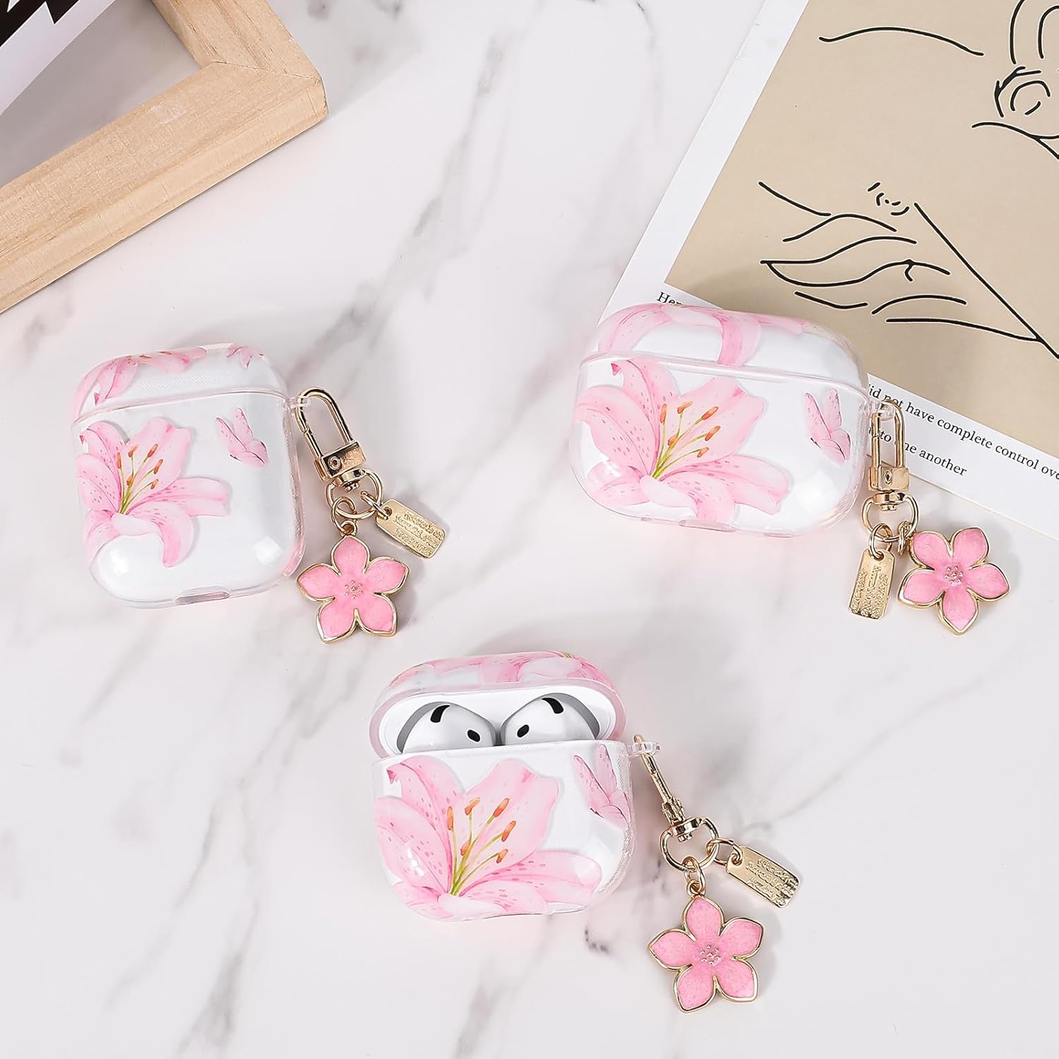 Transparent AirPods 1/2 Case with Flower Pendant, Pink Lily TPU Cover