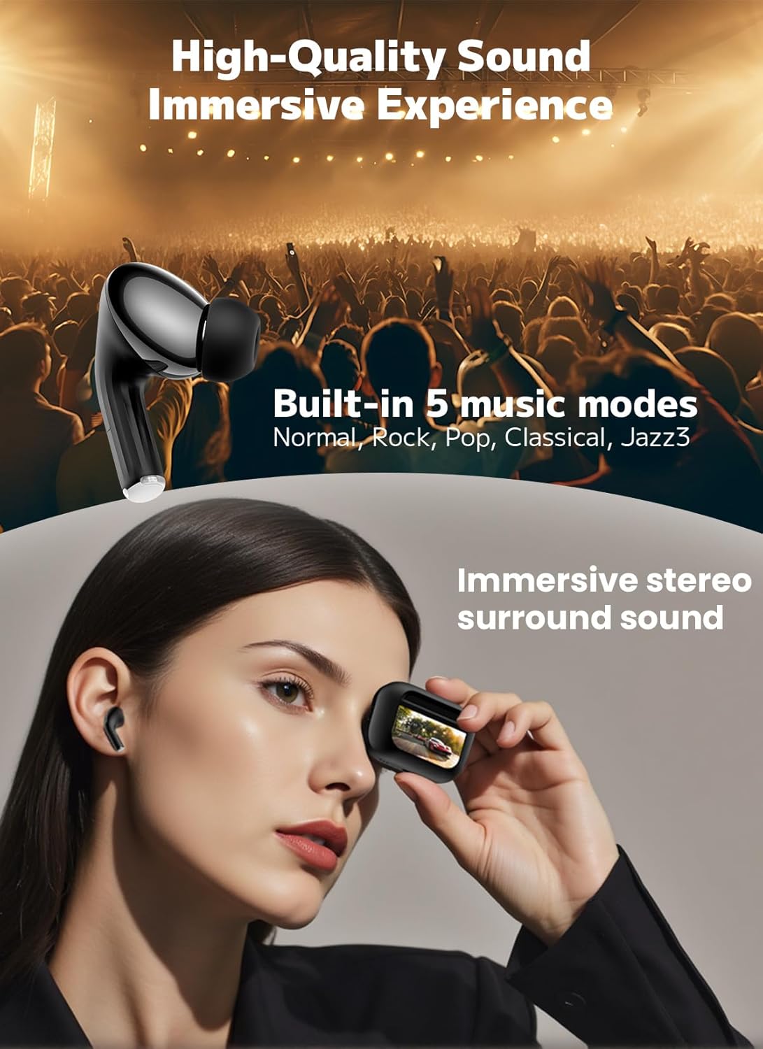 ZZU Wireless Earbuds Bluetooth 5.4, Touch Screen, ENC Noise Cancelling, 48H Playtime, HiFi Stereo (Black)