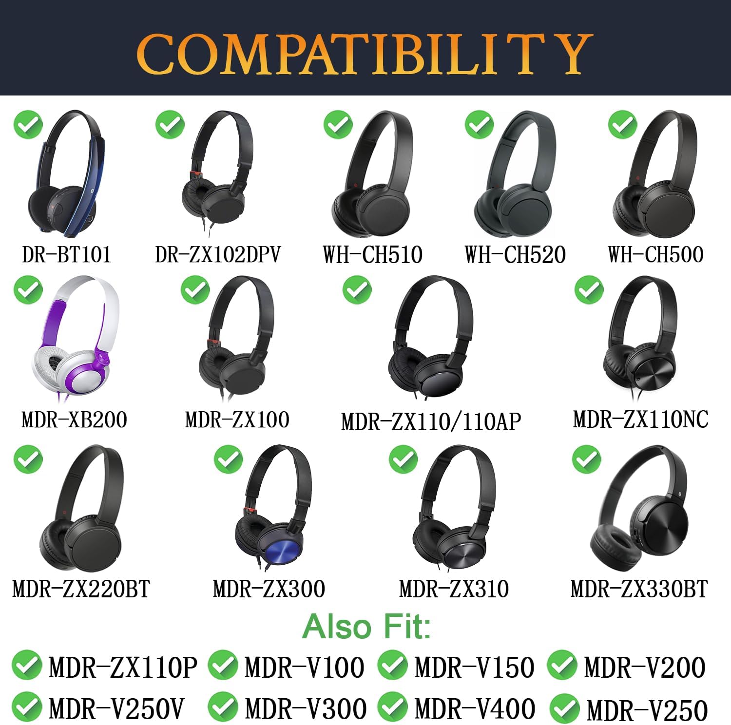 Sony WH-CH510/CH520 Replacement Ear Pads Black for MDR-ZX110