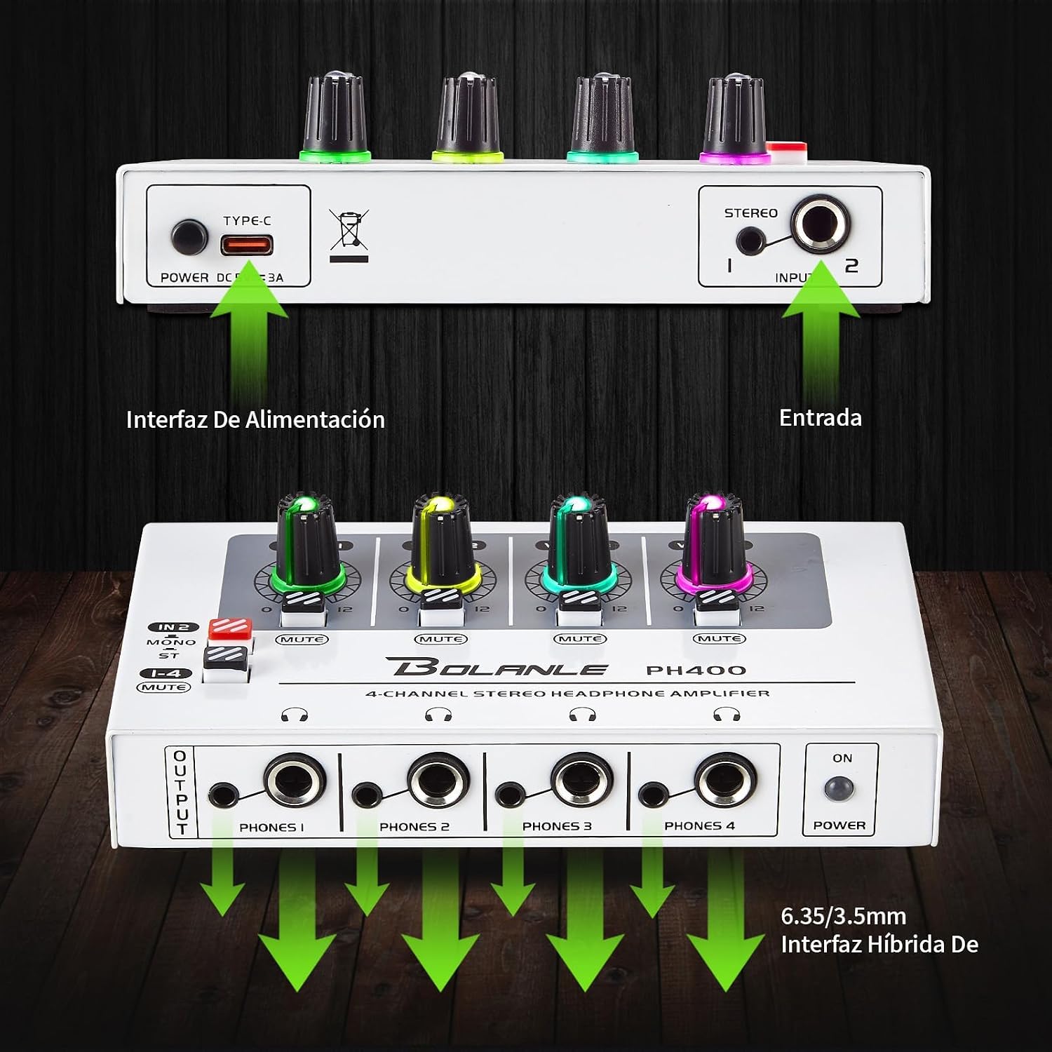 Bolanle PH400 4-Channel Stereo Headphone Amplifier, 8 Outputs