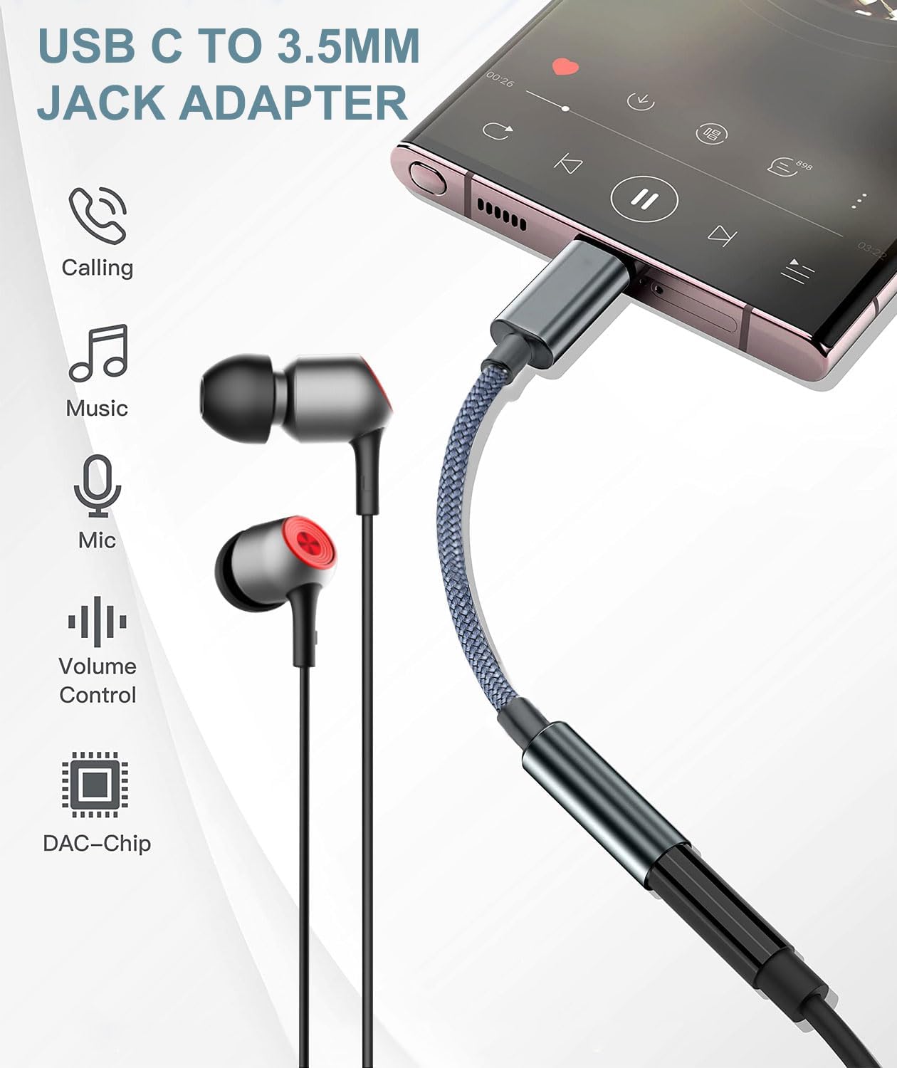 2 Pack USB-C to 3.5mm Headphone Adapter Nylon Aux Cable for Devices