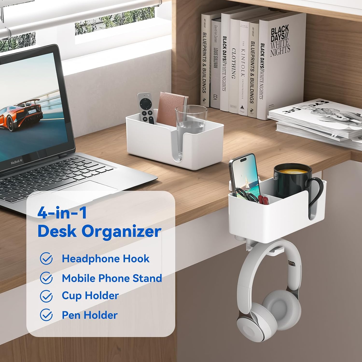 KDD 4-in-1 Desk Organizer Cup Holder Headphone Hanger White