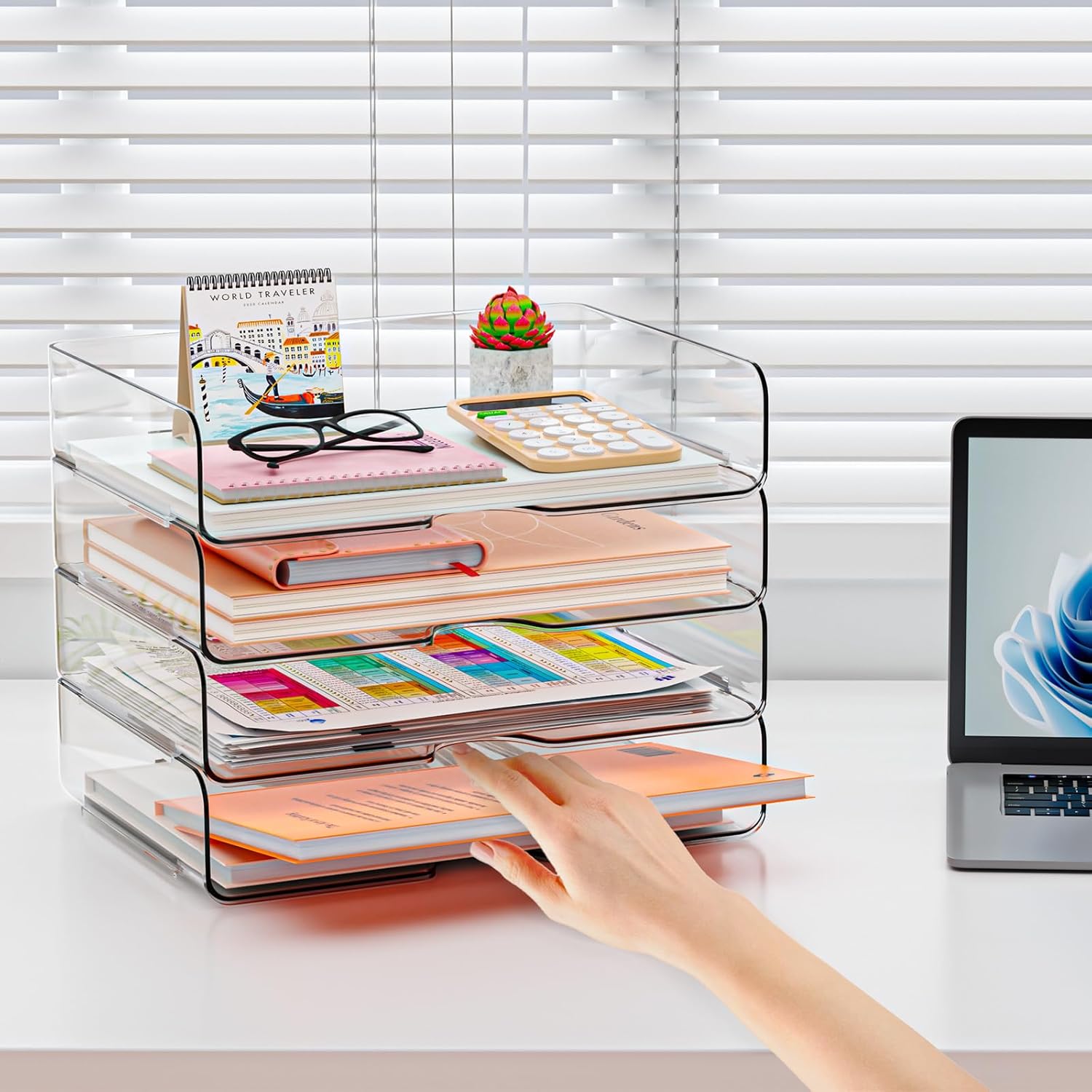 4 Pack A4 Acrylic Letter Tray Clear Stackable Document Organizer Filing Trays for Paper & Notes