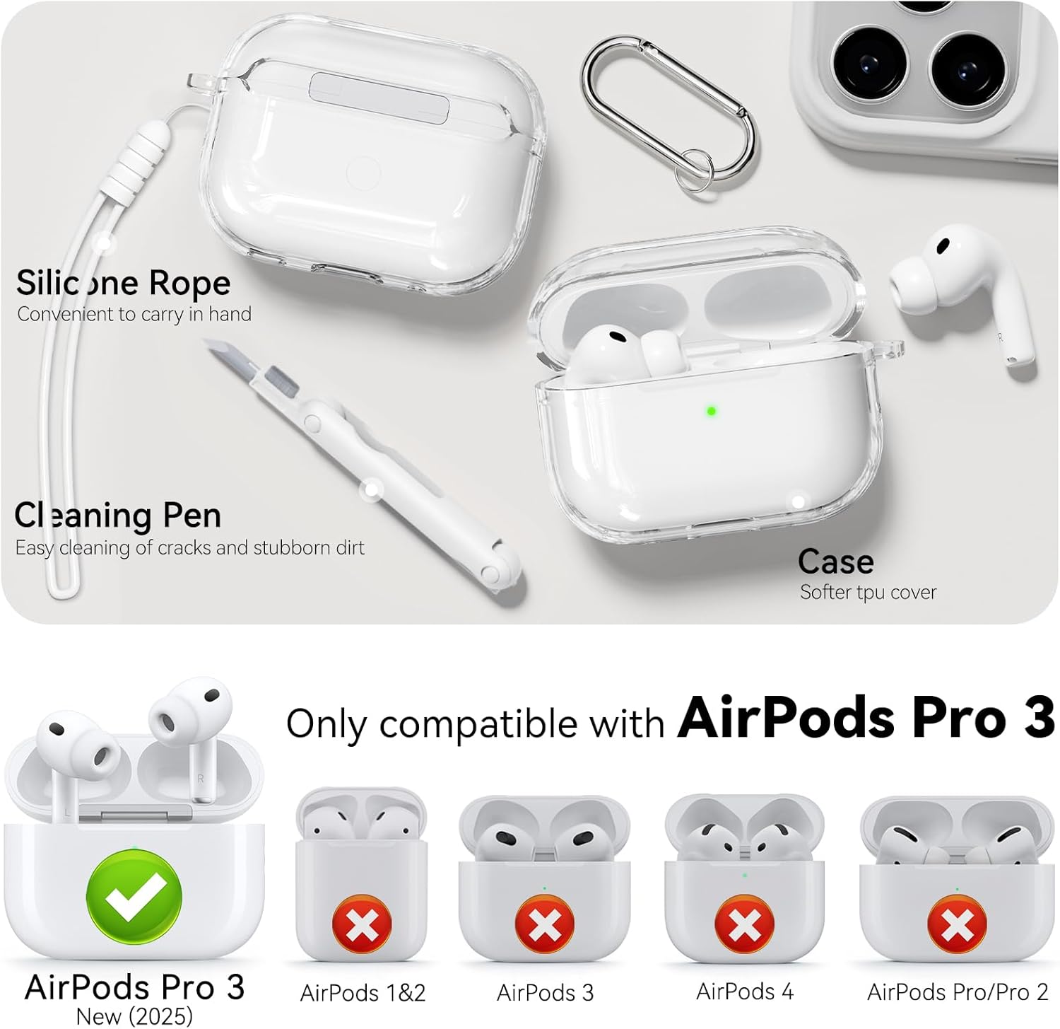 Clear TPU AirPods Pro 3 case with shockproof protection, cleaning kit