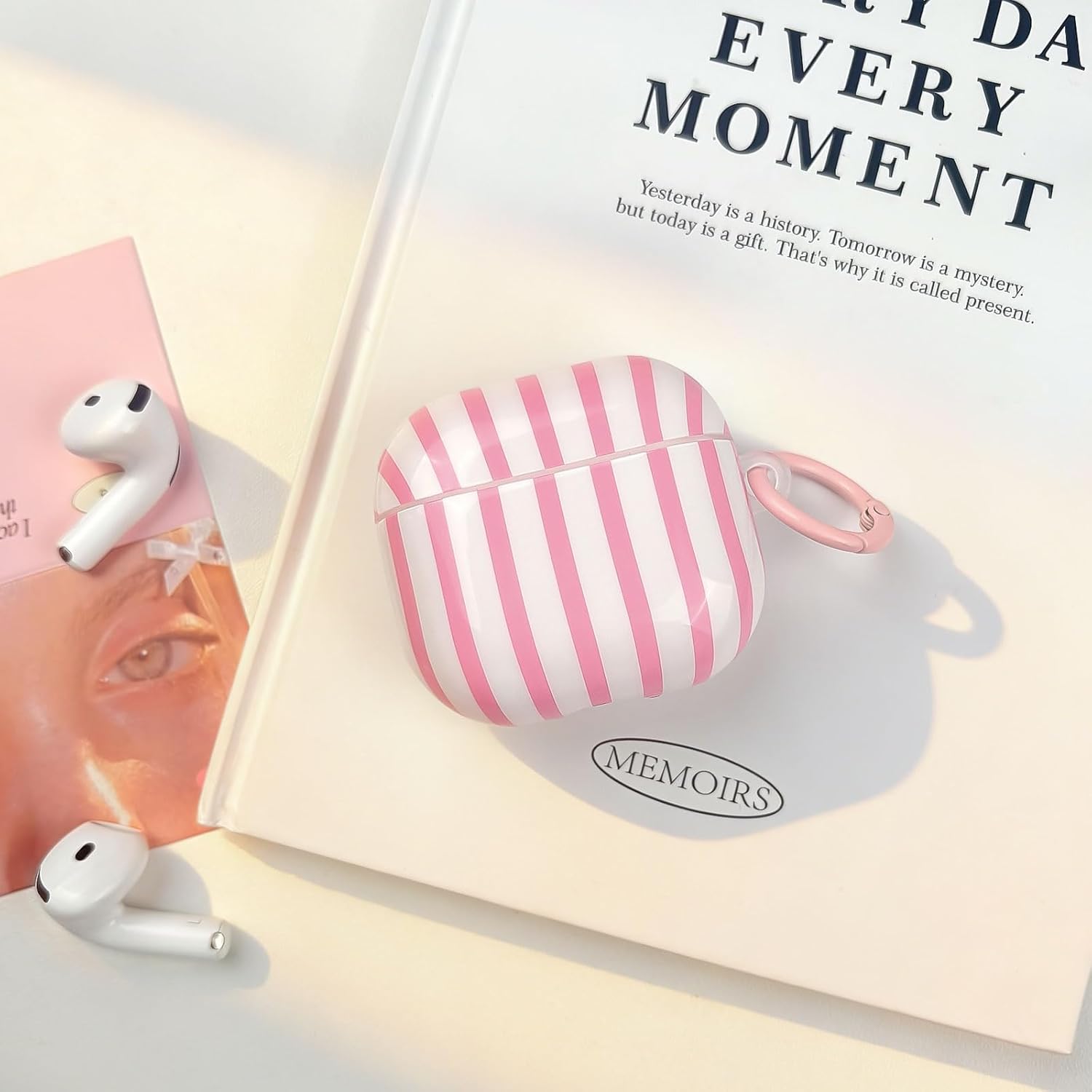 AirPods 4 Case with Cleaner Kit, Cute Striped Soft TPU Cover, Shockproof Protective Case with Keychain for AirPods 4th Generation, Pink