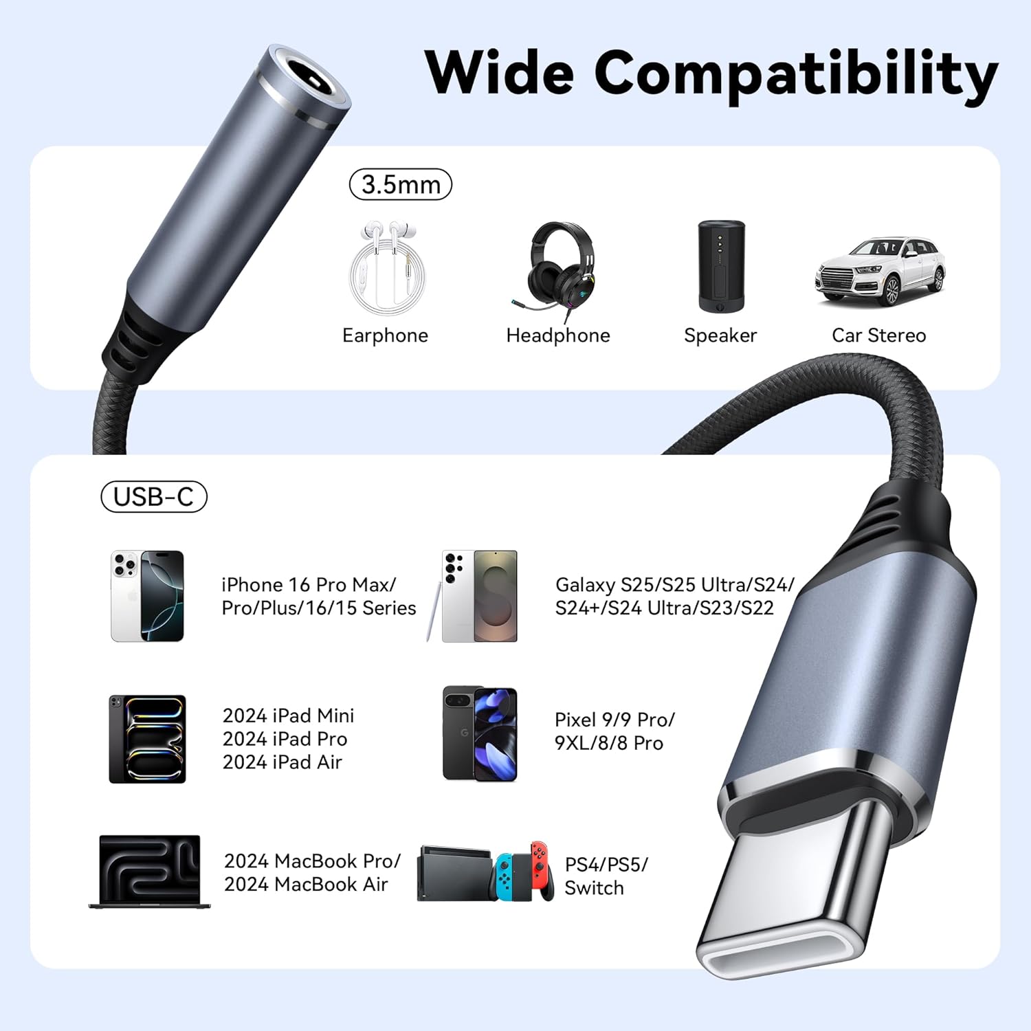 USB C to 3.5mm Headphone Adapter, Hi-Res DAC Audio Dongle Gray