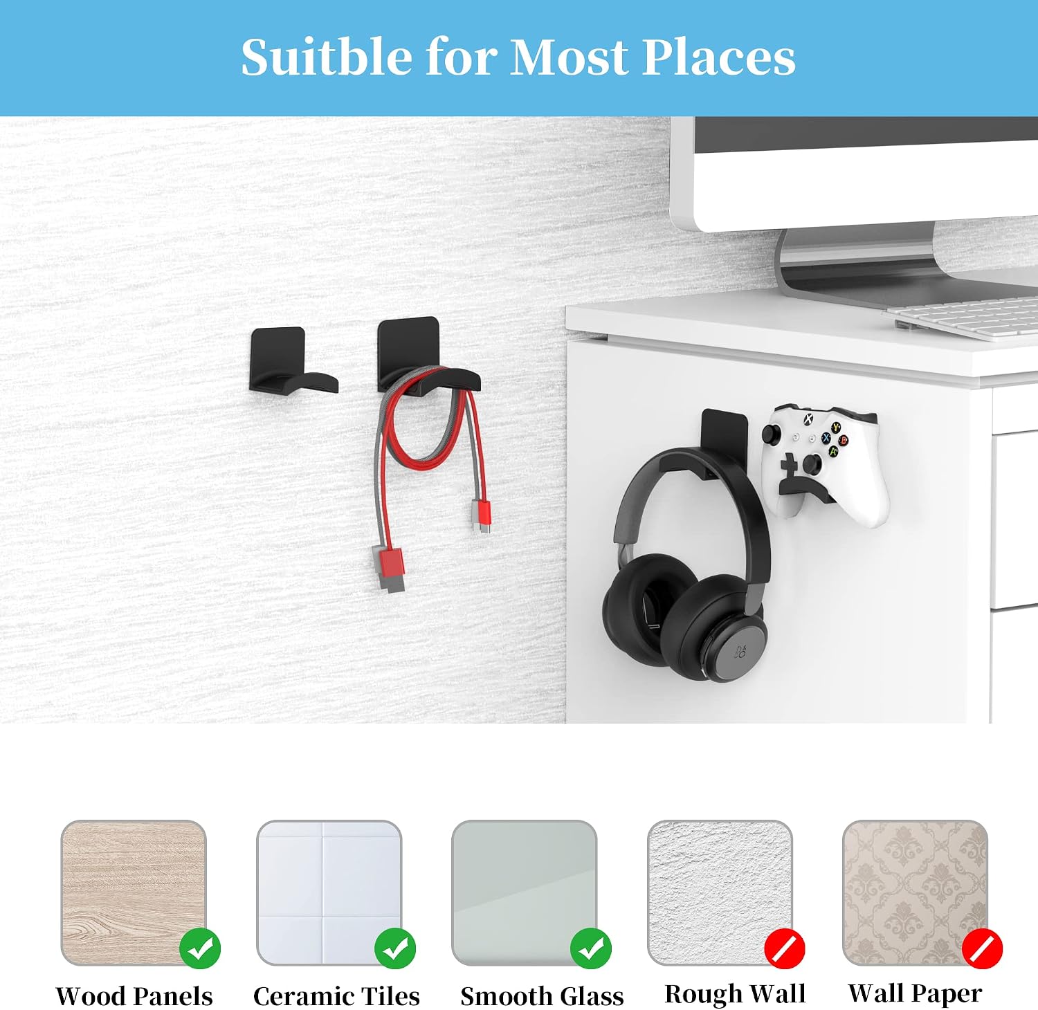 Cozycase Headphone Mount Hanger Holder Adhesive Headset Hook, Black