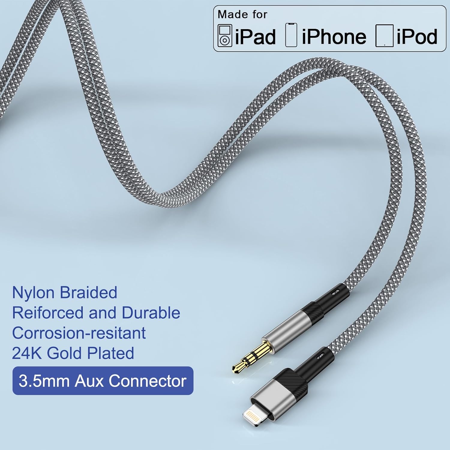iPhone AUX Cable for Car 3.5mm Adapter Nylon Braided 1M Grey