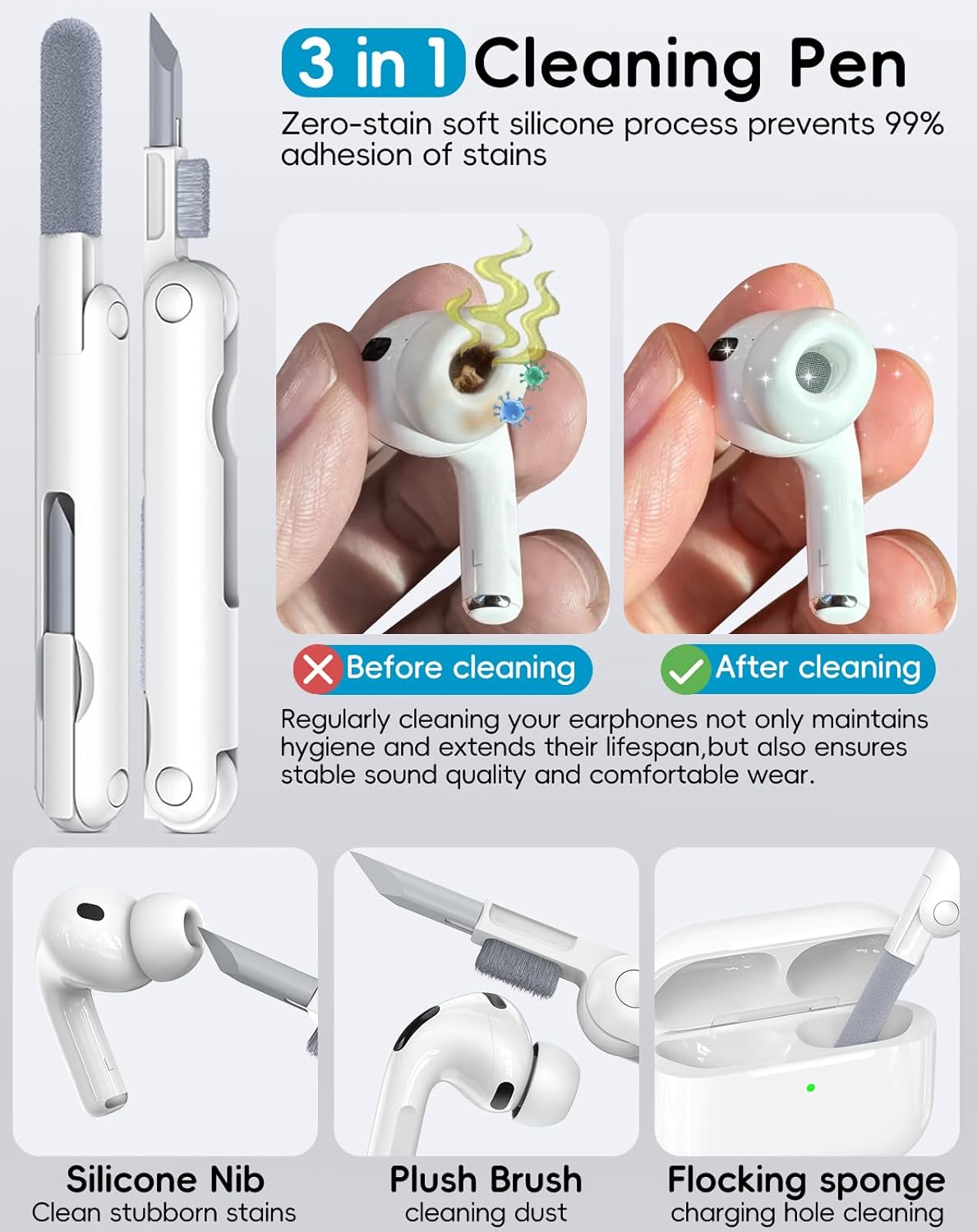 Replacement Ear Tips for AirPods Pro 1/2, XS-S-M-L with Cleaning Kit Box