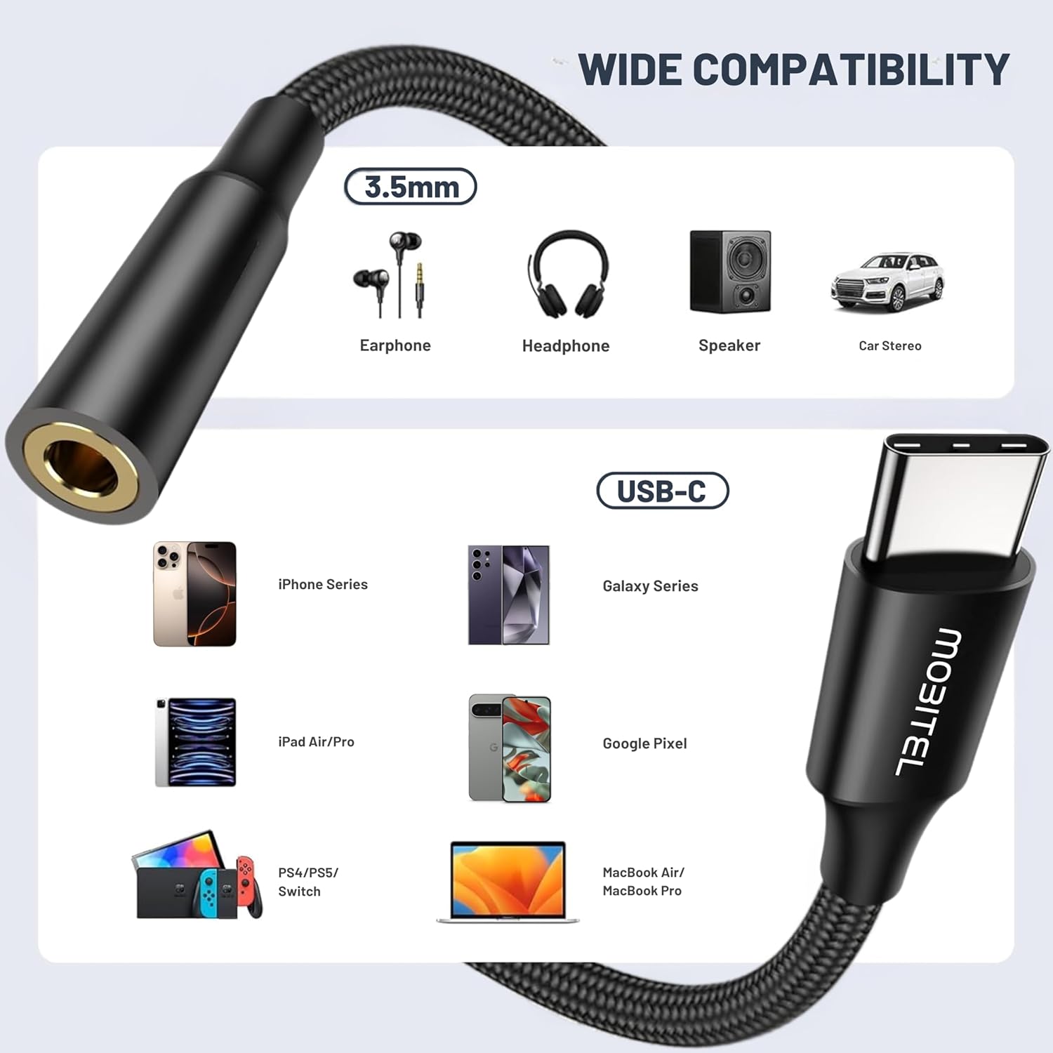 Mobitel USB C to 3.5mm Headphone Adapter with Hi-Fi DAC & Mic Support