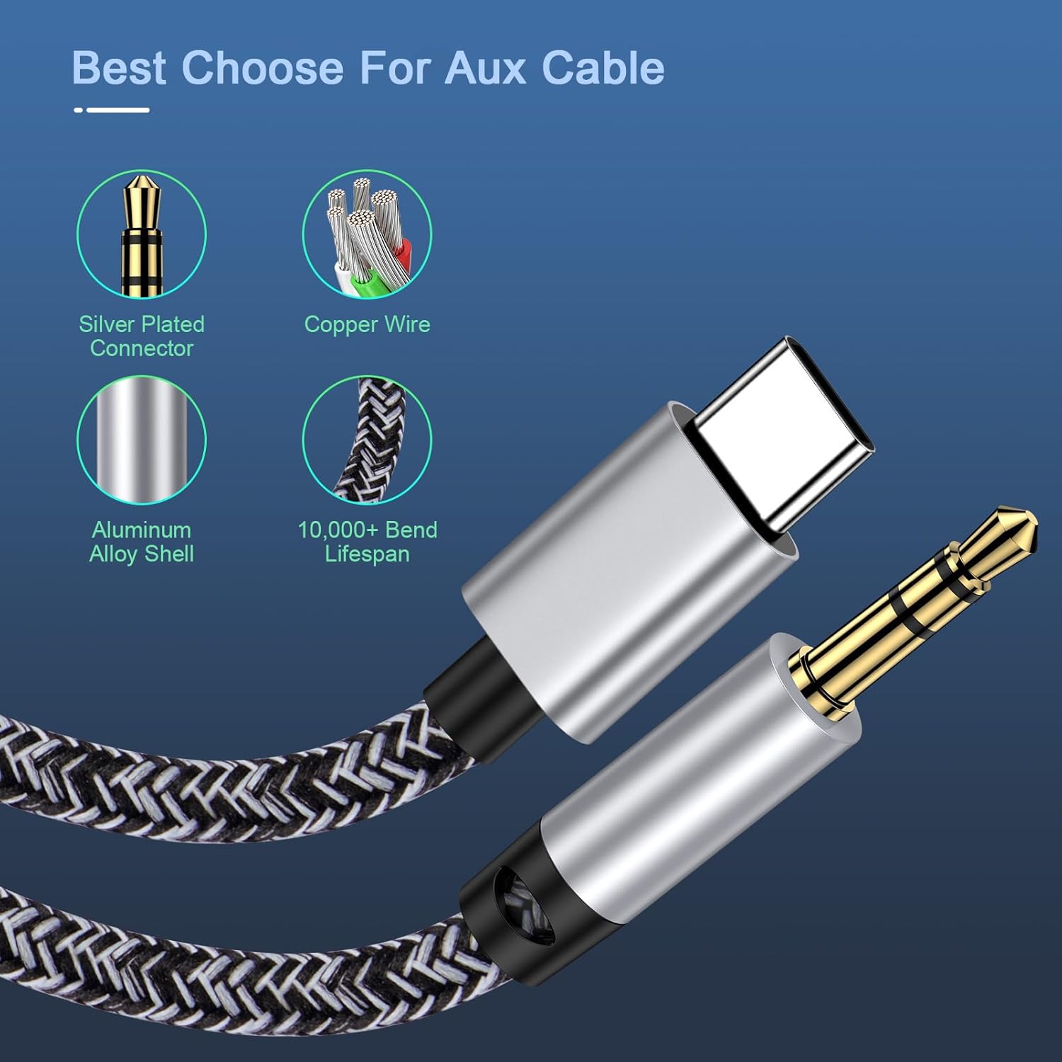 Sidpro USB-C to 3.5mm Aux Cable 1M for Car Audio & Headphones