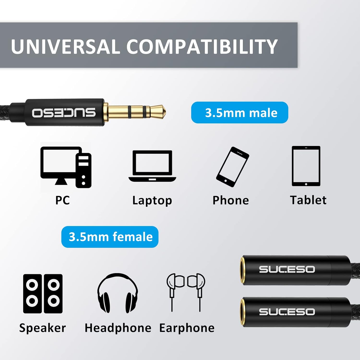 Premium 3.5mm Headphone Splitter Adapter, Dual Audio Jack Y Cable