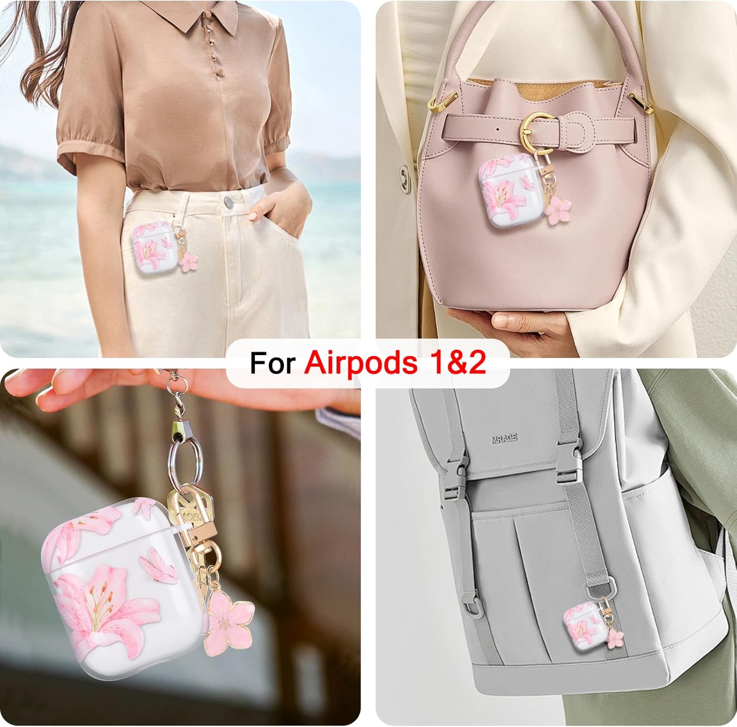 Transparent AirPods 1/2 Case with Flower Pendant, Pink Lily TPU Cover