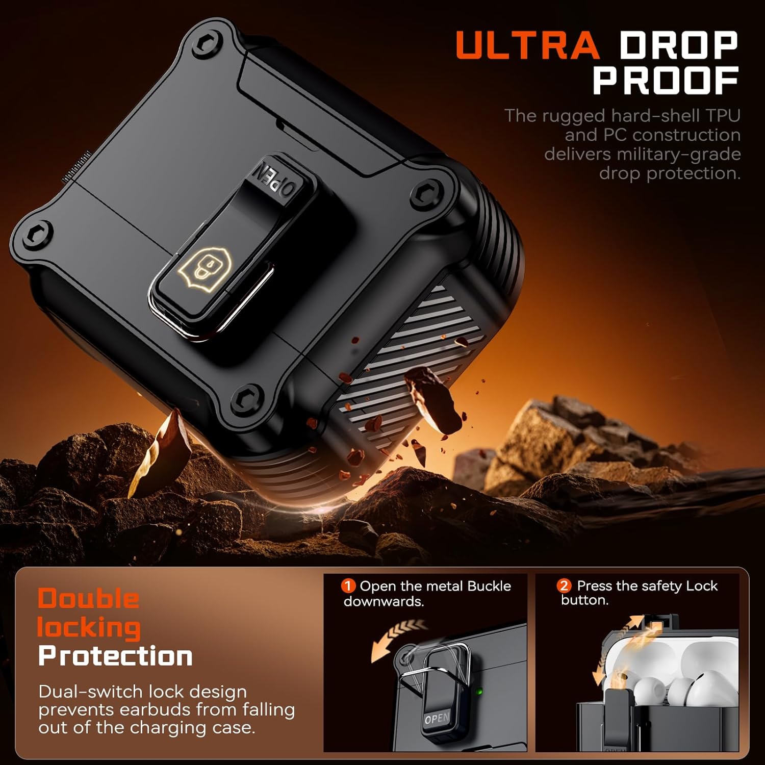 Inesore AirPods Pro 3 Dual-Lock Case with Stand & Carabiner Black