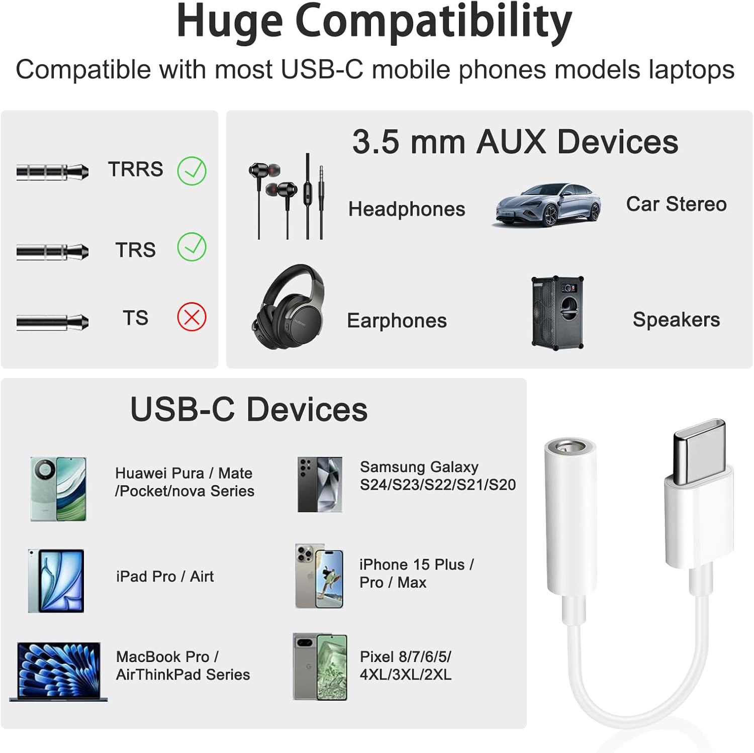 USB-C to 3.5mm AUX Adapter 2 Pack for iPhone 16 Samsung Galaxy S24