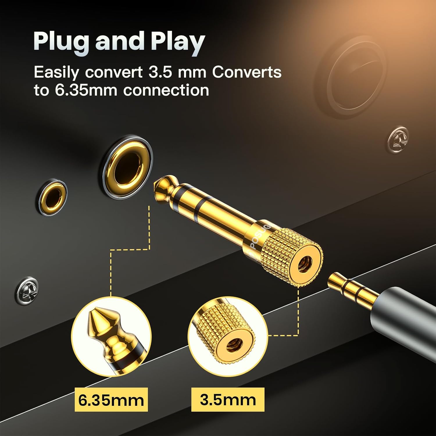 POSUGEAR 3.5mm to 6.35mm Headphone Adapter 5 Pack Gold Plated Stereo Jack