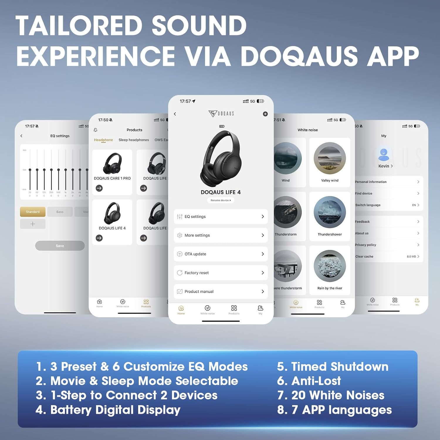 DOQAUS Wireless Over-Ear Headphones | 90H Playtime, 9 EQ Modes, Black