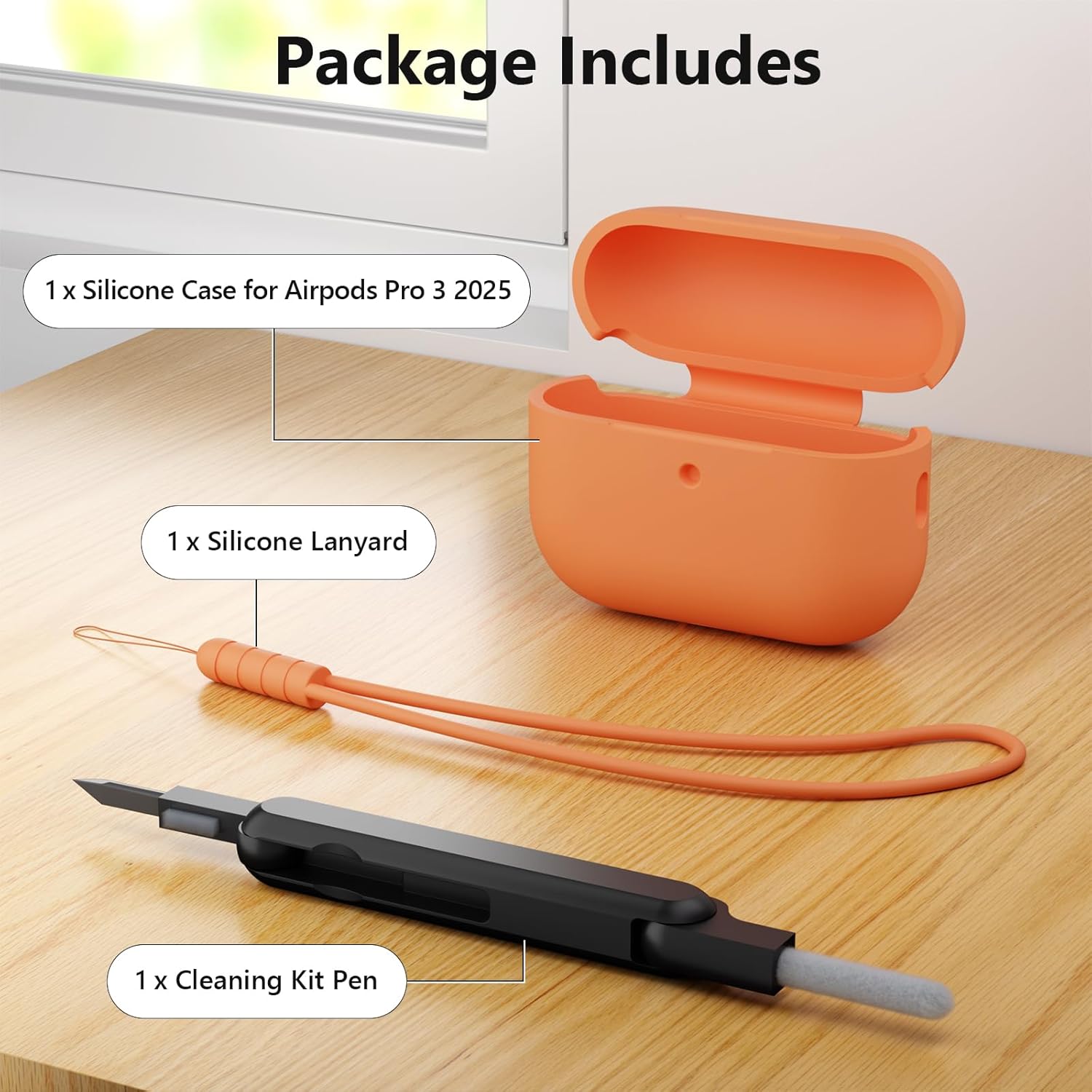 AirPods Pro 3 Case Silicone Cover with Lanyard & Cleaner Kit Orange