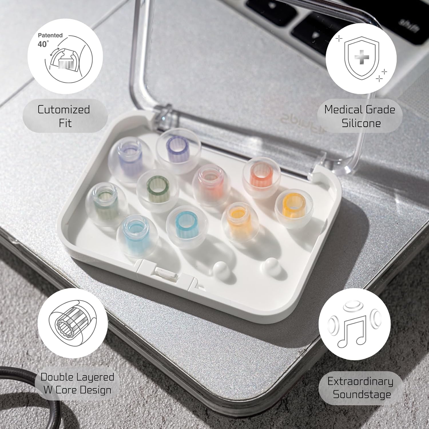 SpinFit W1 L Silicone Ear Tips for IEM, Stable Medical-Grade Fit