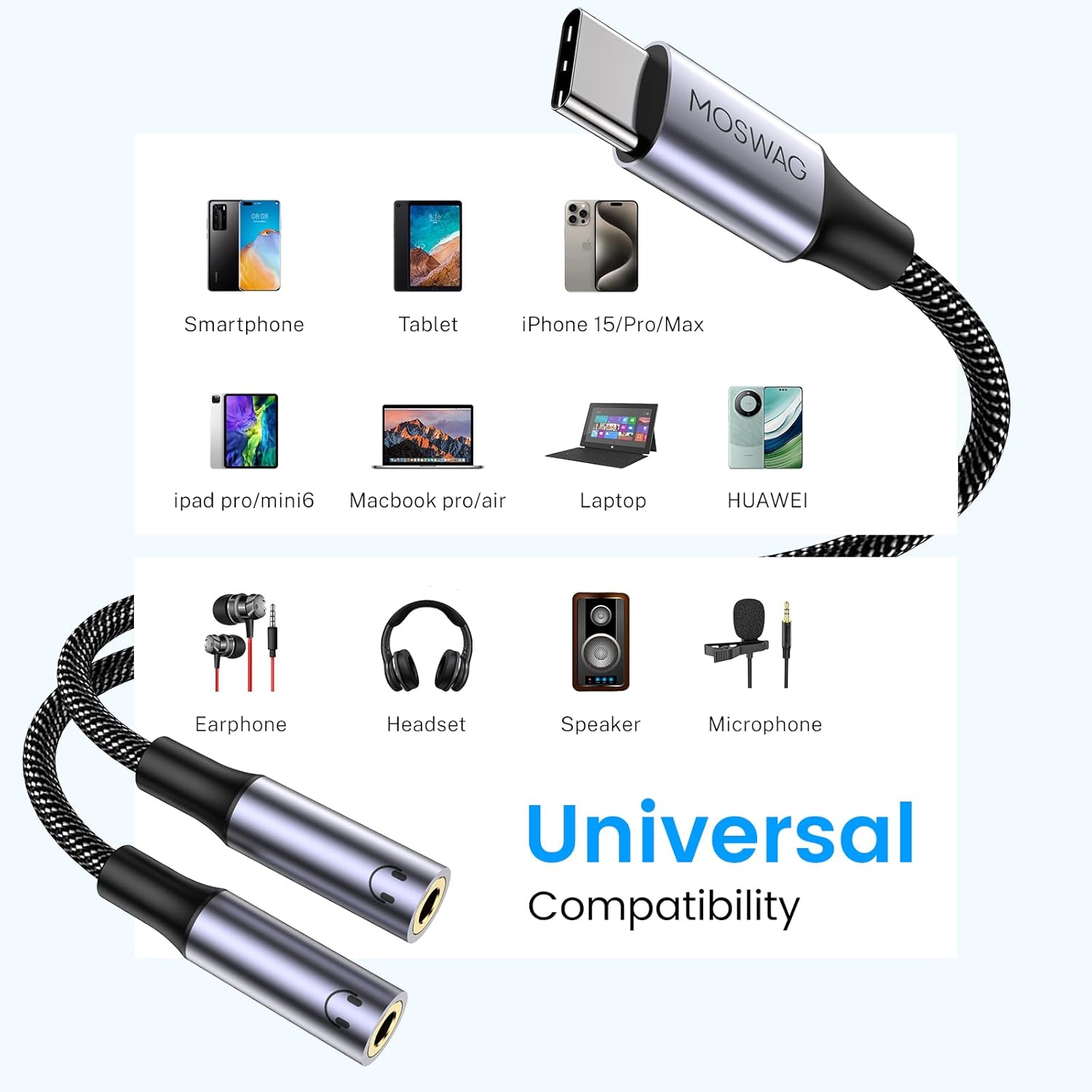 MOSWAG USB-C to Dual 3.5mm Audio Splitter Adapter for Two Headphones