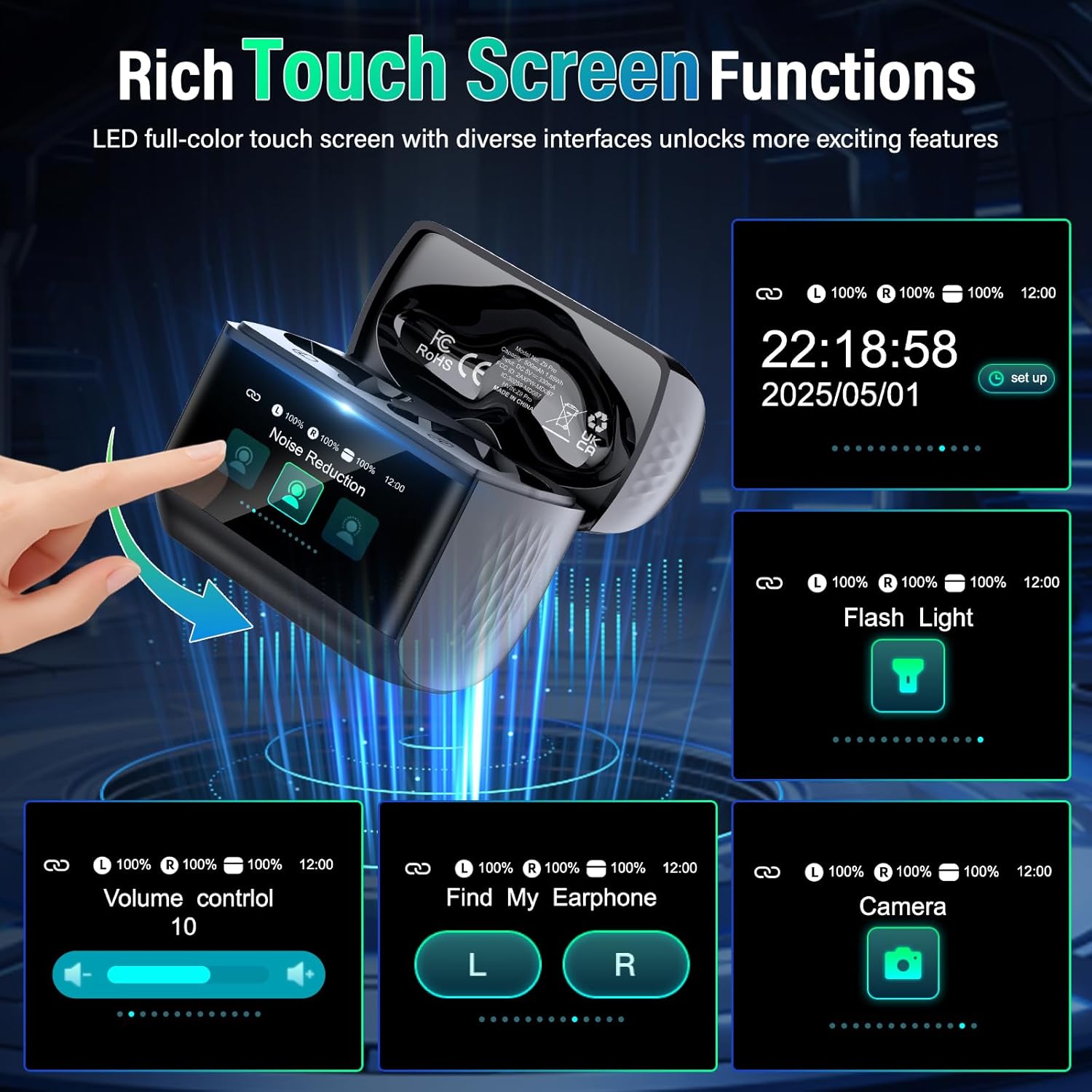 Wireless Bluetooth 5.4 Earbuds 2026, ANC/ENC Noise Cancelling, HiFi Stereo, Touchscreen, IP7 Waterproof (Black)