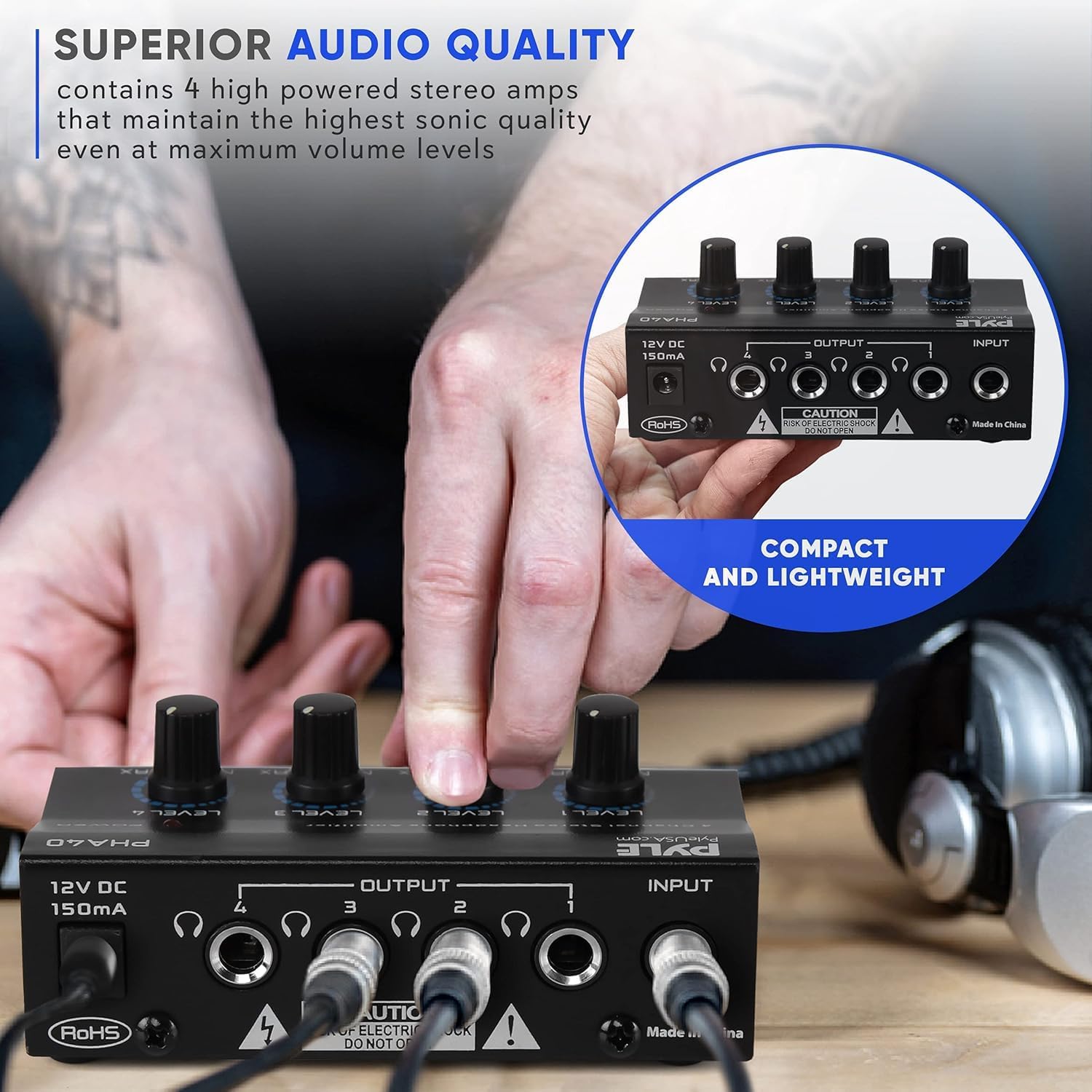 Pyle 4-Channel Headphone Amplifier Portable Stereo Splitter Amp Studio