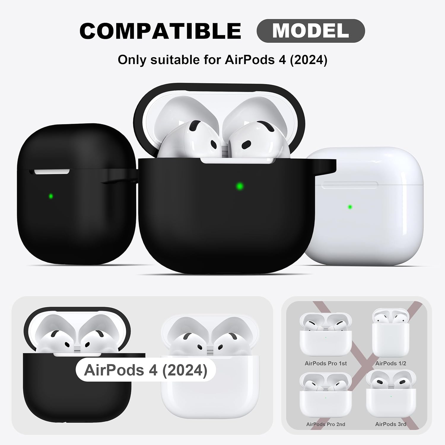 AirPods 4 Shockproof Silicone Case with Keychain & Cleaner, Black