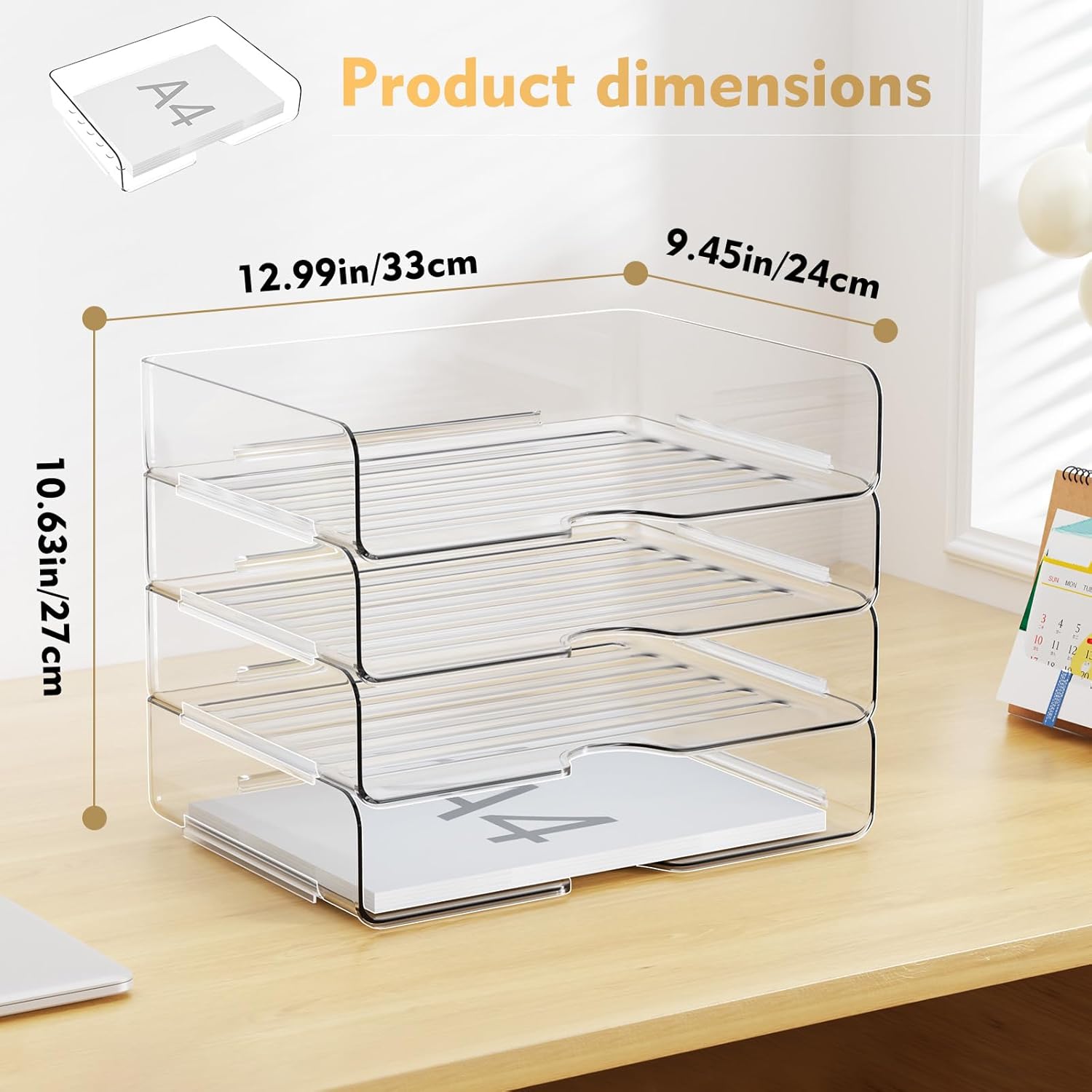 4 Pack A4 Acrylic Letter Tray Clear Stackable Document Organizer Filing Trays for Paper & Notes