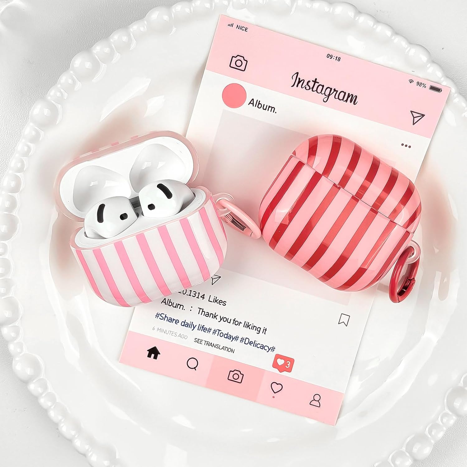 AirPods 4 Case with Cleaner Kit, Cute Striped Soft TPU Cover, Shockproof Protective Case with Keychain for AirPods 4th Generation, Pink