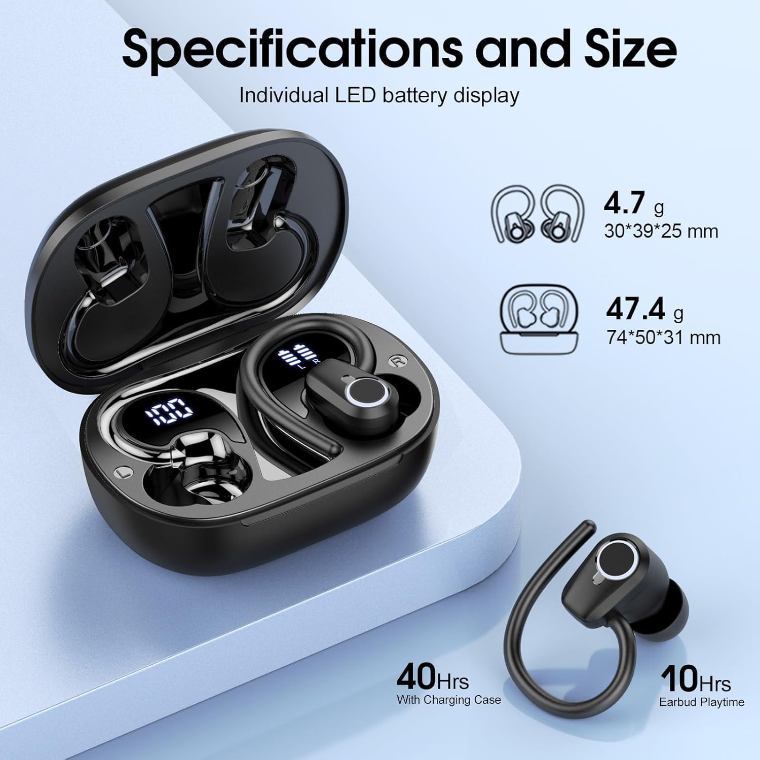 Wireless Earbuds Bluetooth 5.3 ENC Mic 50H LED Display Sport IP7 Earbuds