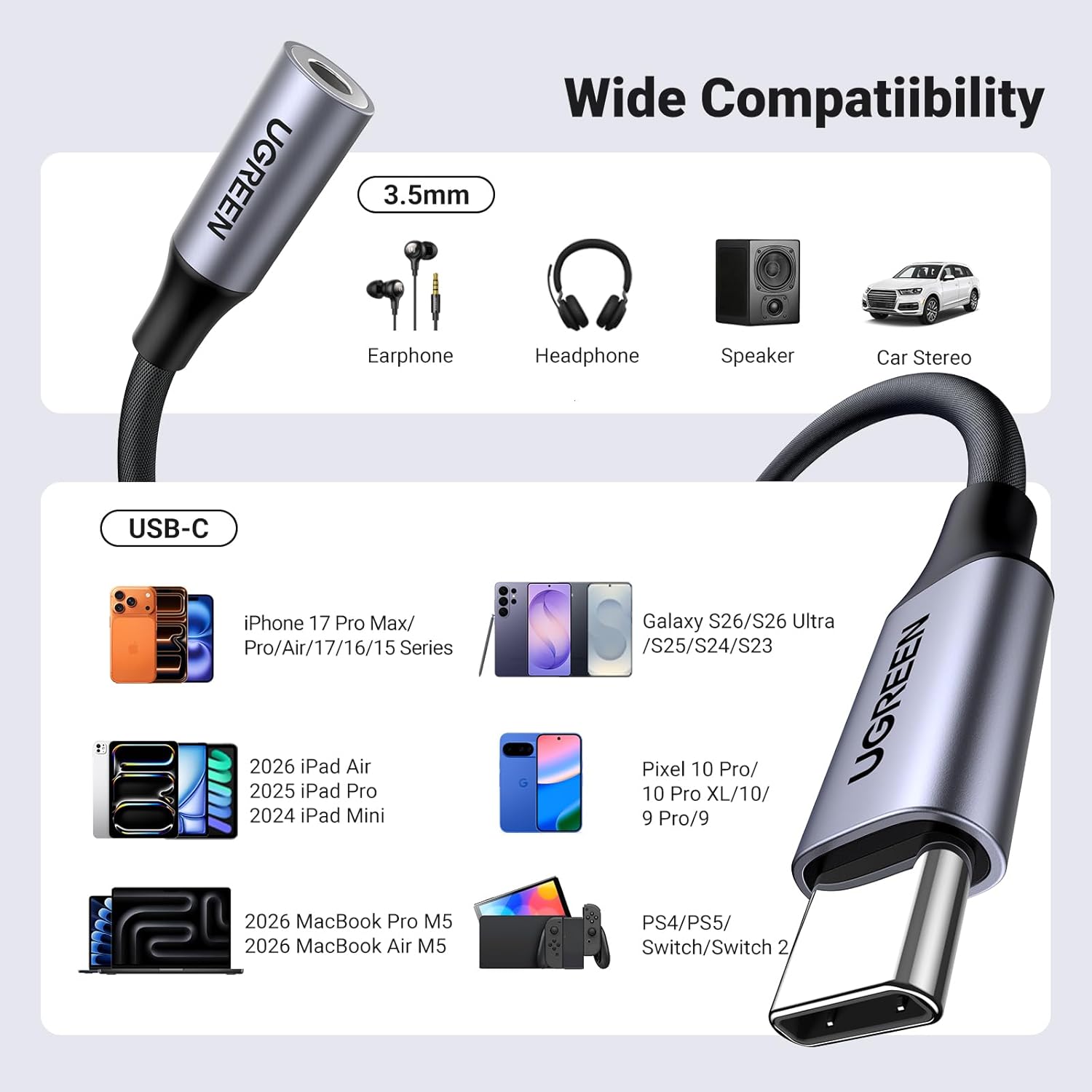 USB-C to 3.5mm DAC Hi-Fi Stereo Audio Adapter Type-C Aux Headphone Jack Compatible with iPhone 17 16 15 Galaxy S25 S24 S23 iPad Pixel