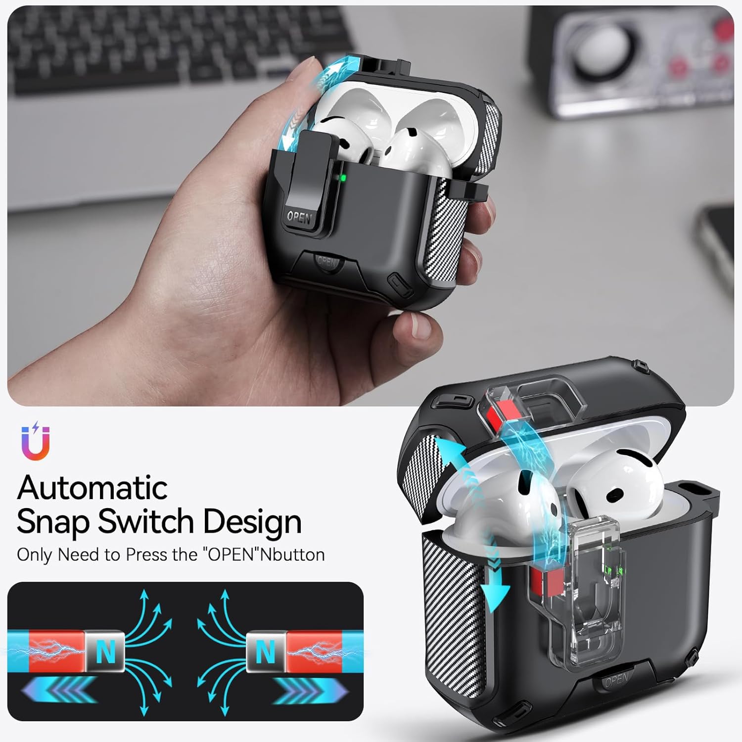AirPods 4 Carbon Fiber Case with Phone Stand & Cleaning Pen Black