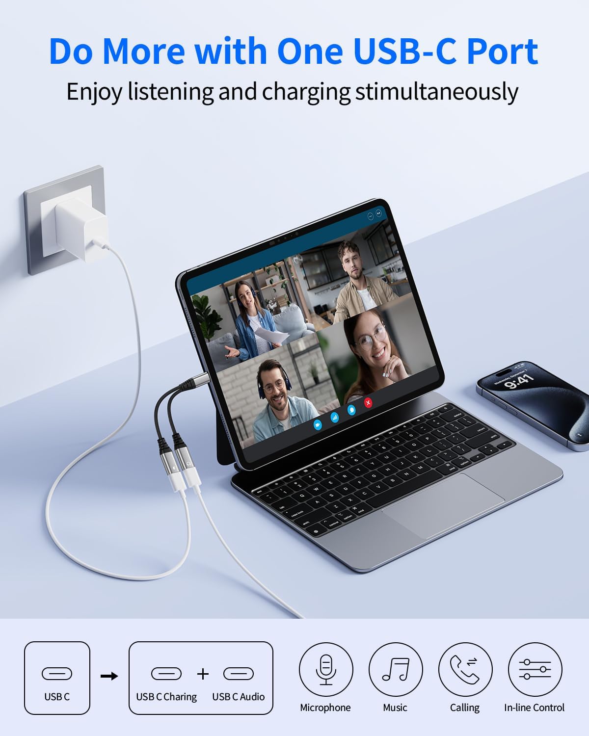 Dual USB C Headphone Adapter 2-in-1 Audio Charger Splitter for iPhone