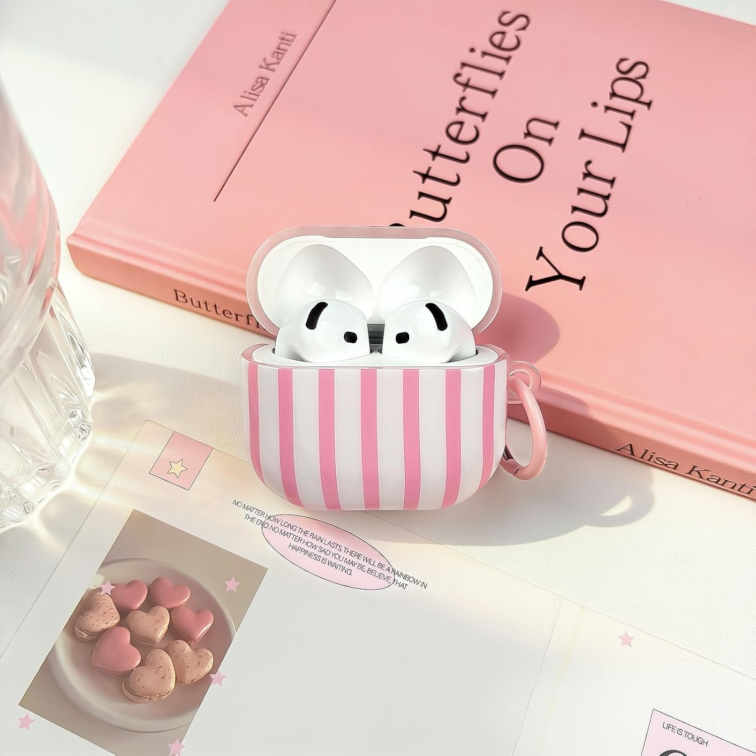AirPods 4 Case with Cleaner Kit, Cute Striped Soft TPU Cover, Shockproof Protective Case with Keychain for AirPods 4th Generation, Pink