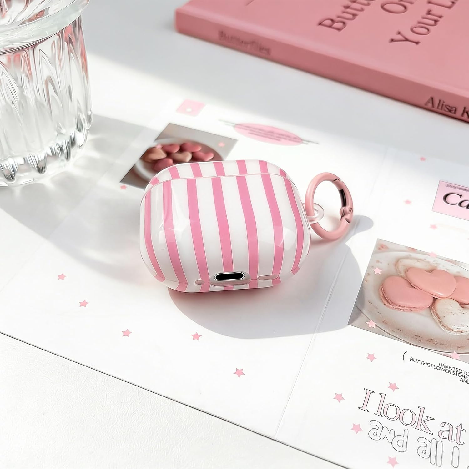 AirPods 4 Case with Cleaner Kit, Cute Striped Soft TPU Cover, Shockproof Protective Case with Keychain for AirPods 4th Generation, Pink