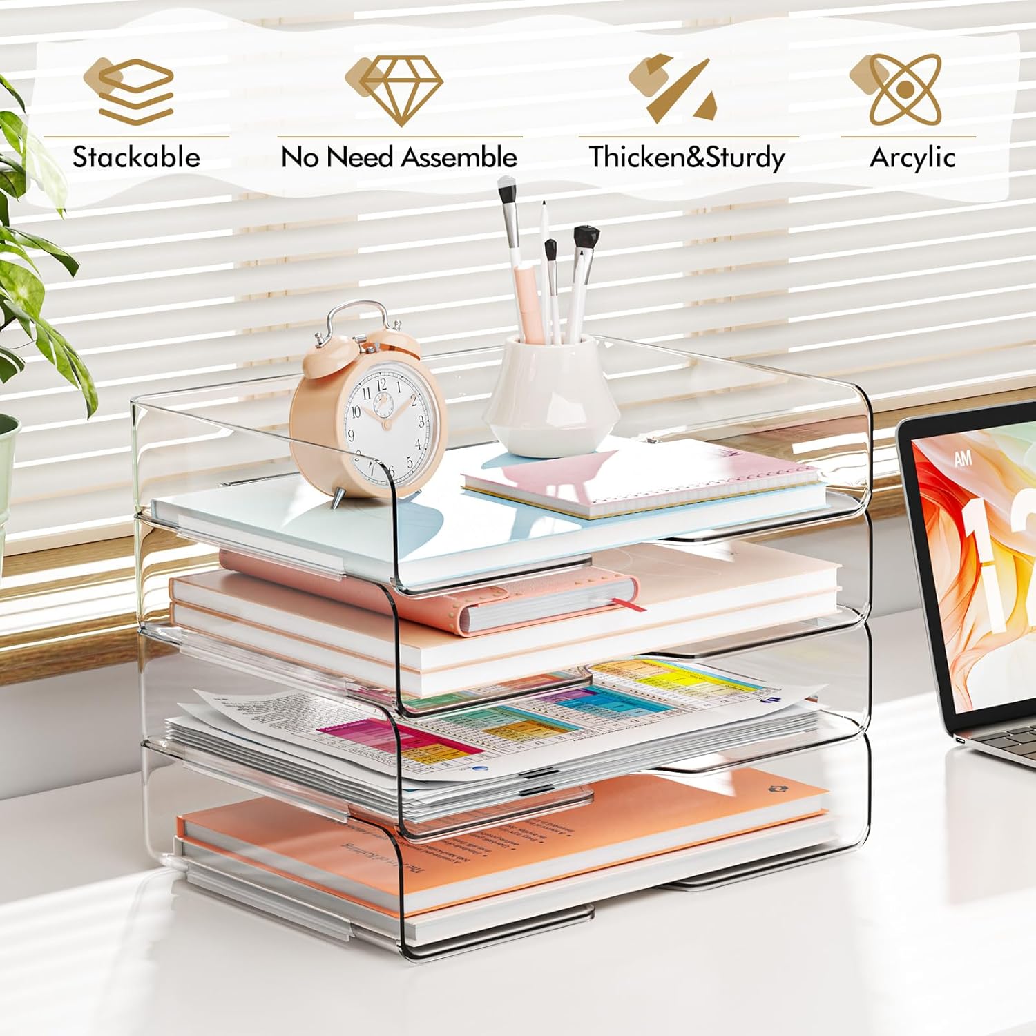 4 Pack A4 Acrylic Letter Tray Clear Stackable Document Organizer Filing Trays for Paper & Notes