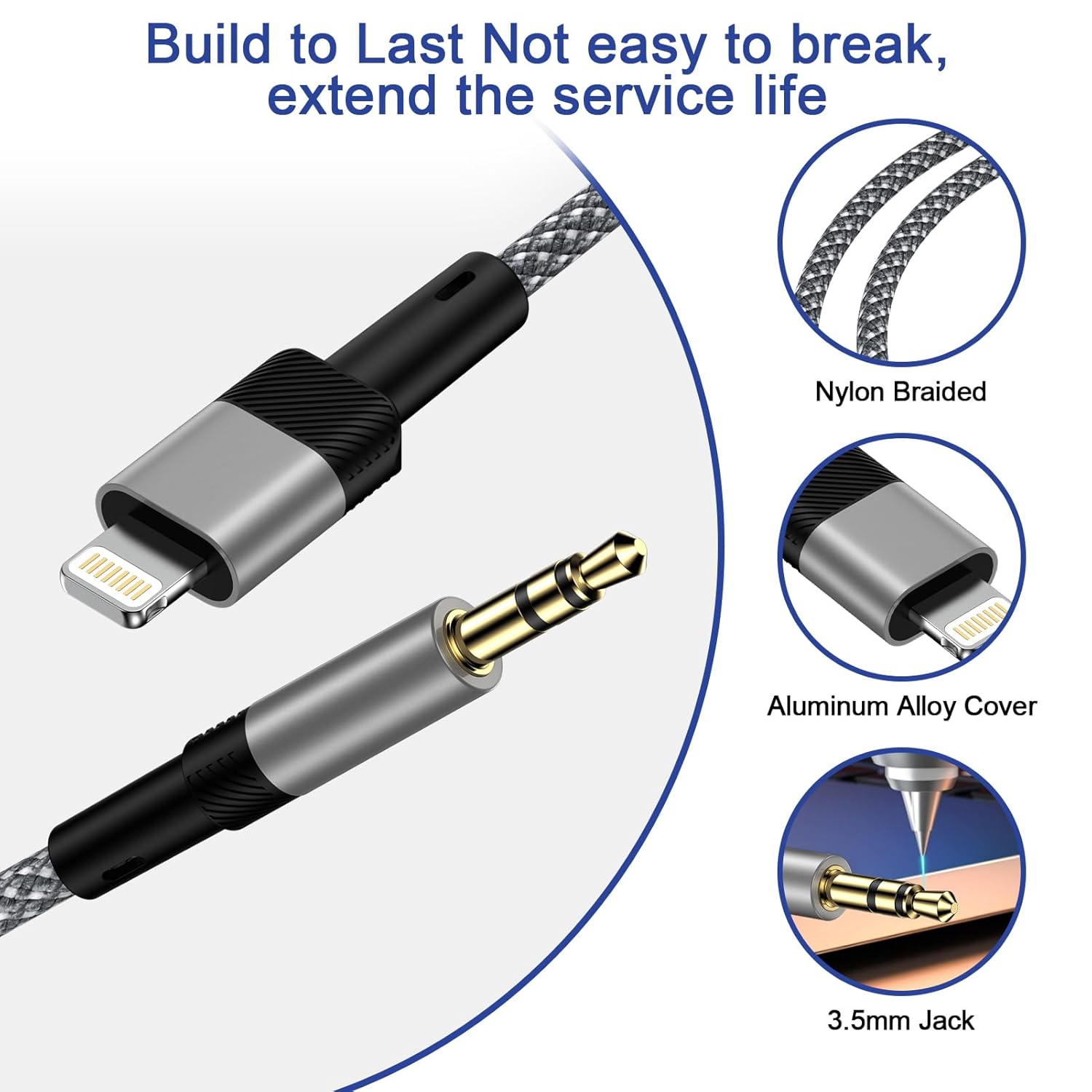 iPhone AUX Cable for Car 3.5mm Adapter Nylon Braided 1M Grey