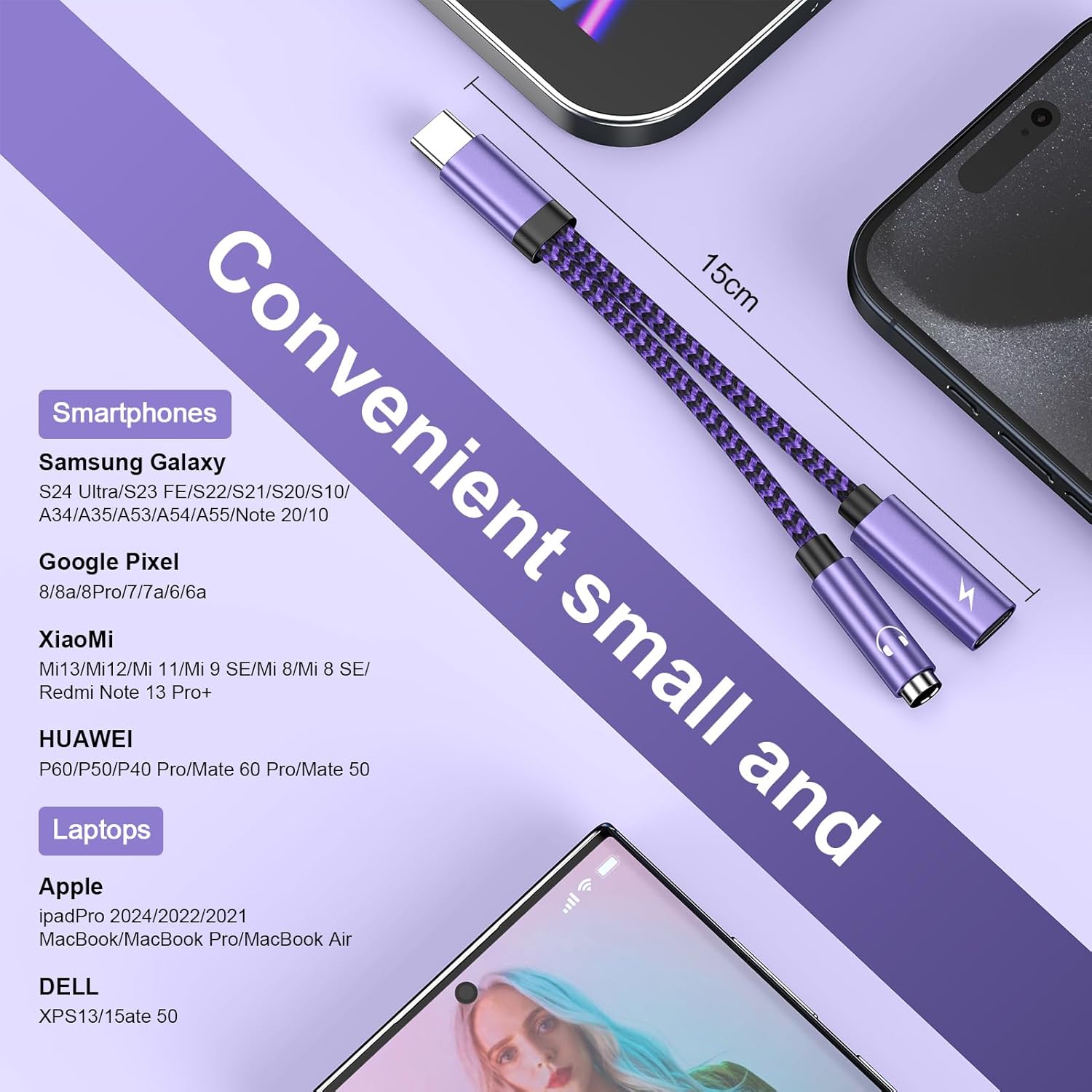 USB-C to 3.5mm Headphone + Charging Adapter 2-in-1 for Samsung iPhone